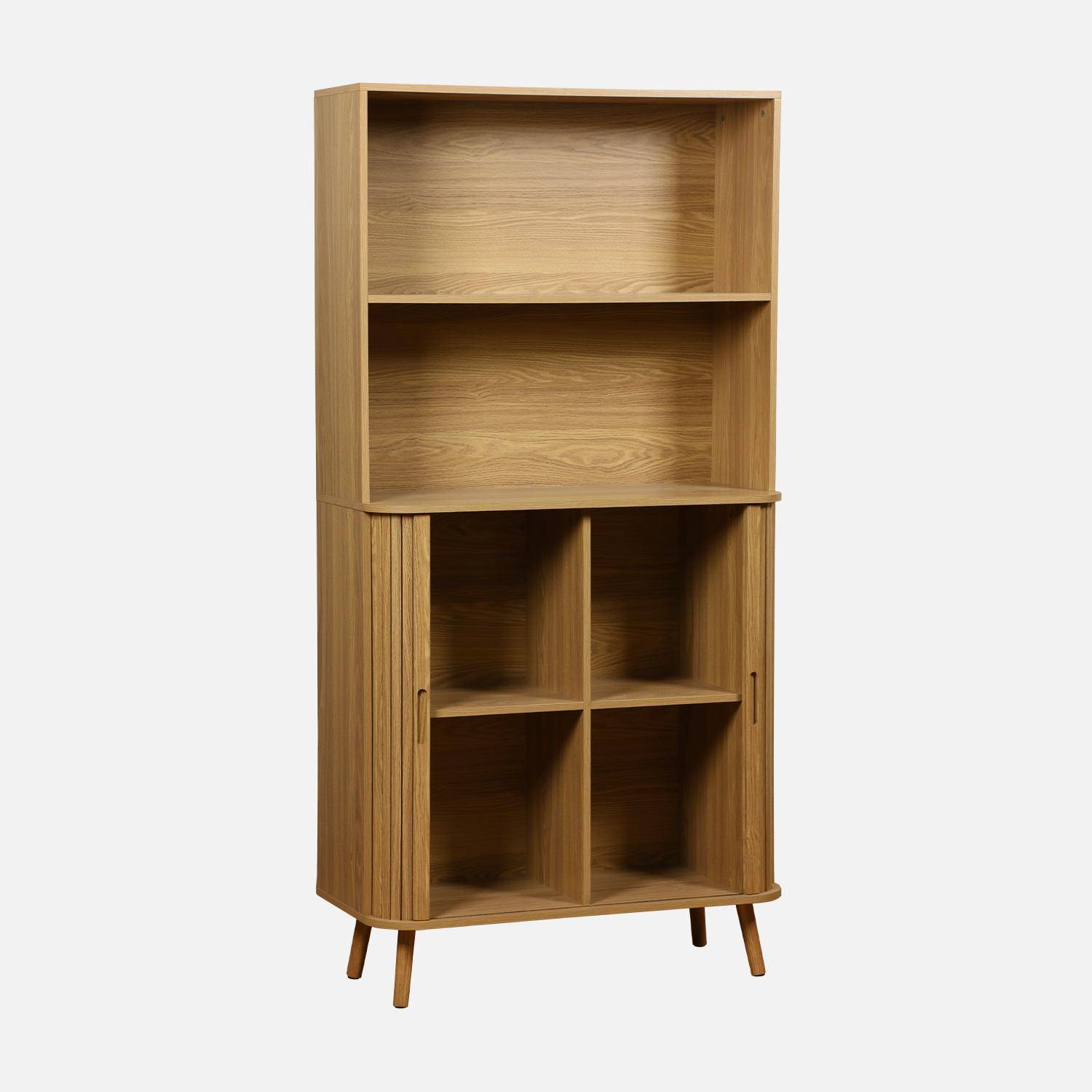 Scandinavische boekenkast, 2 schuifdeuren, 4 niveaus, gegroefd houteffect, B 80 x D 45 x H 180cm Photo5