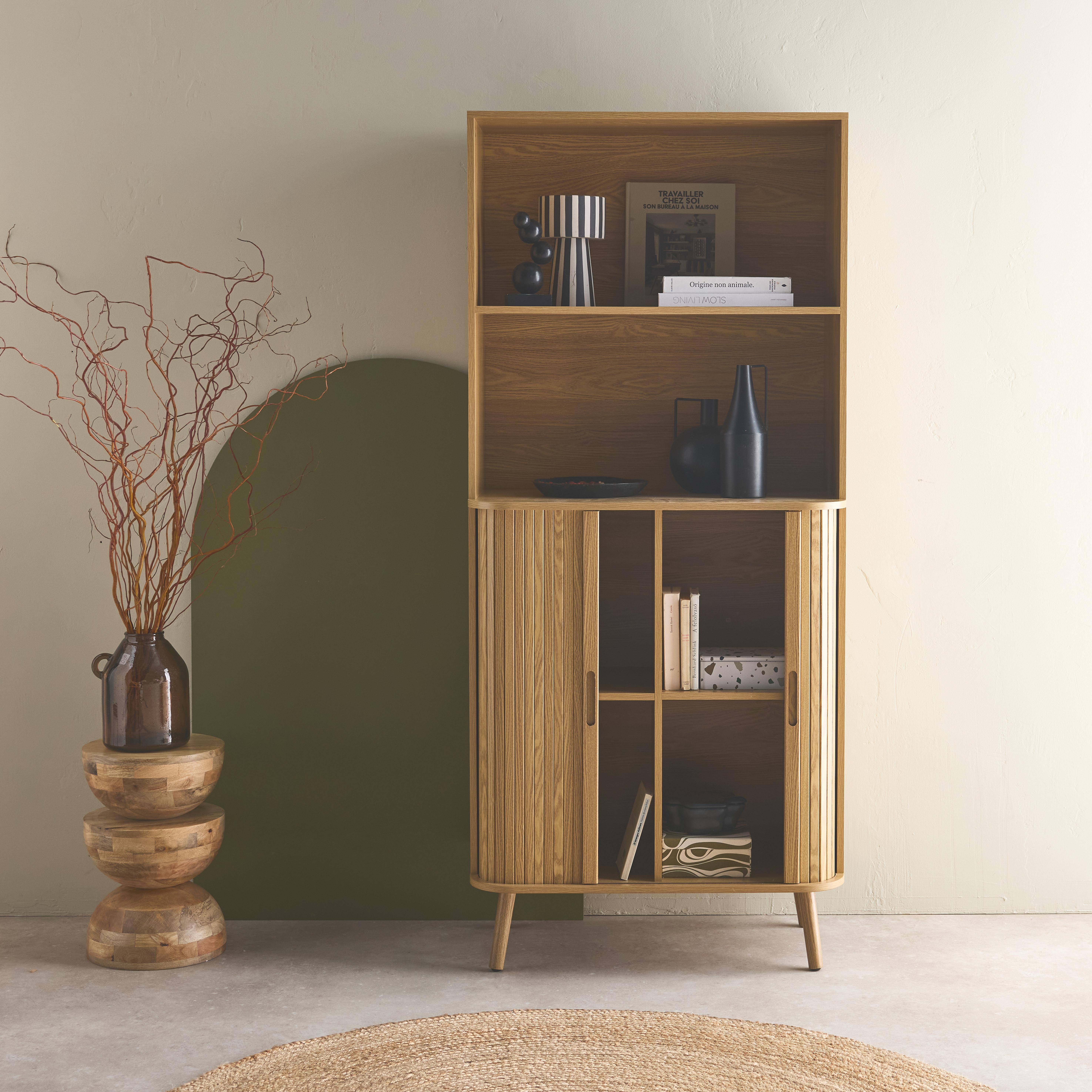 Scandinavische boekenkast, 2 schuifdeuren, 4 niveaus, gegroefd houteffect, B 80 x D 45 x H 180cm Photo2