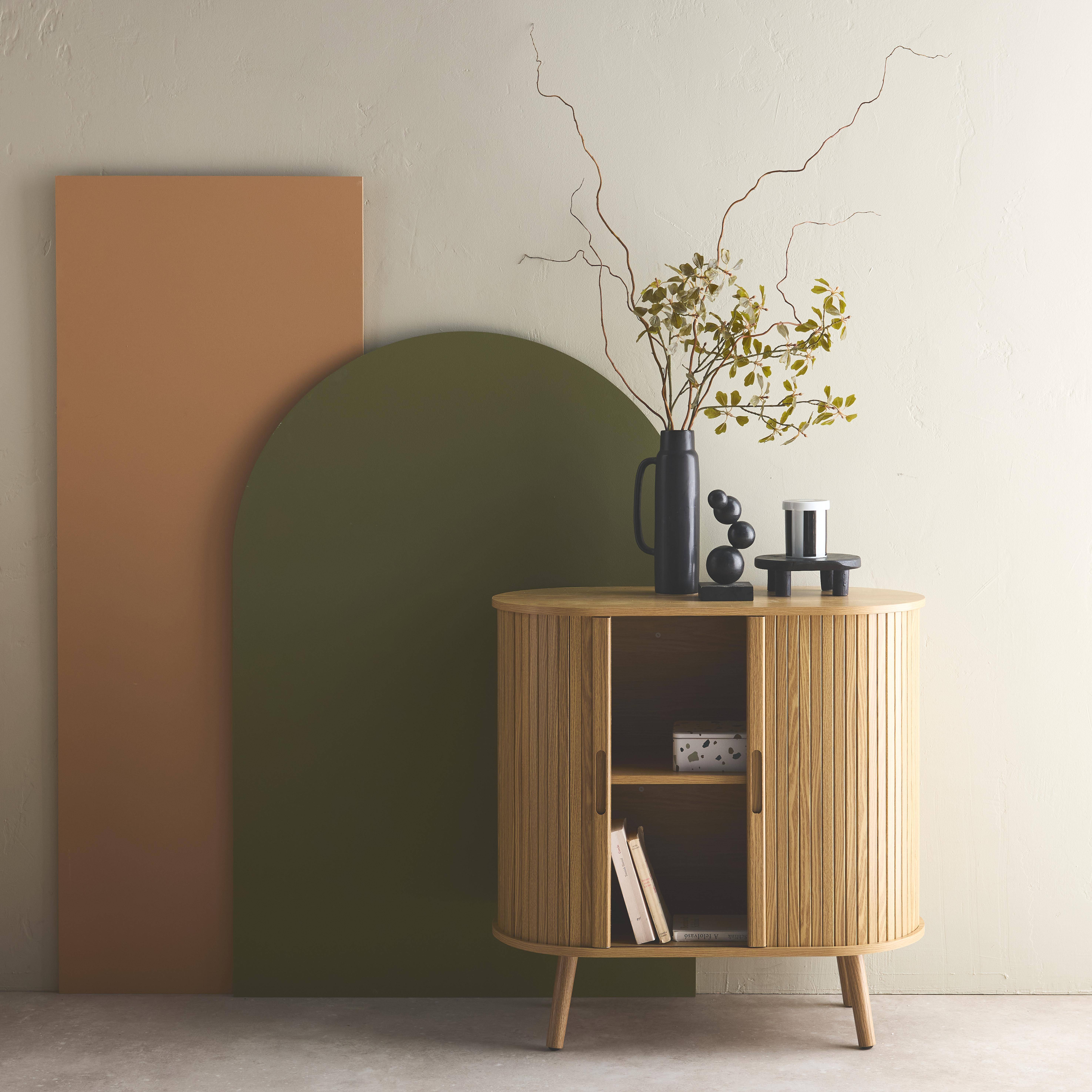 Sideboard with sliding doors and shelf, grooved wooden effect, Legacy, Natural, 80x40x80 cm Photo2