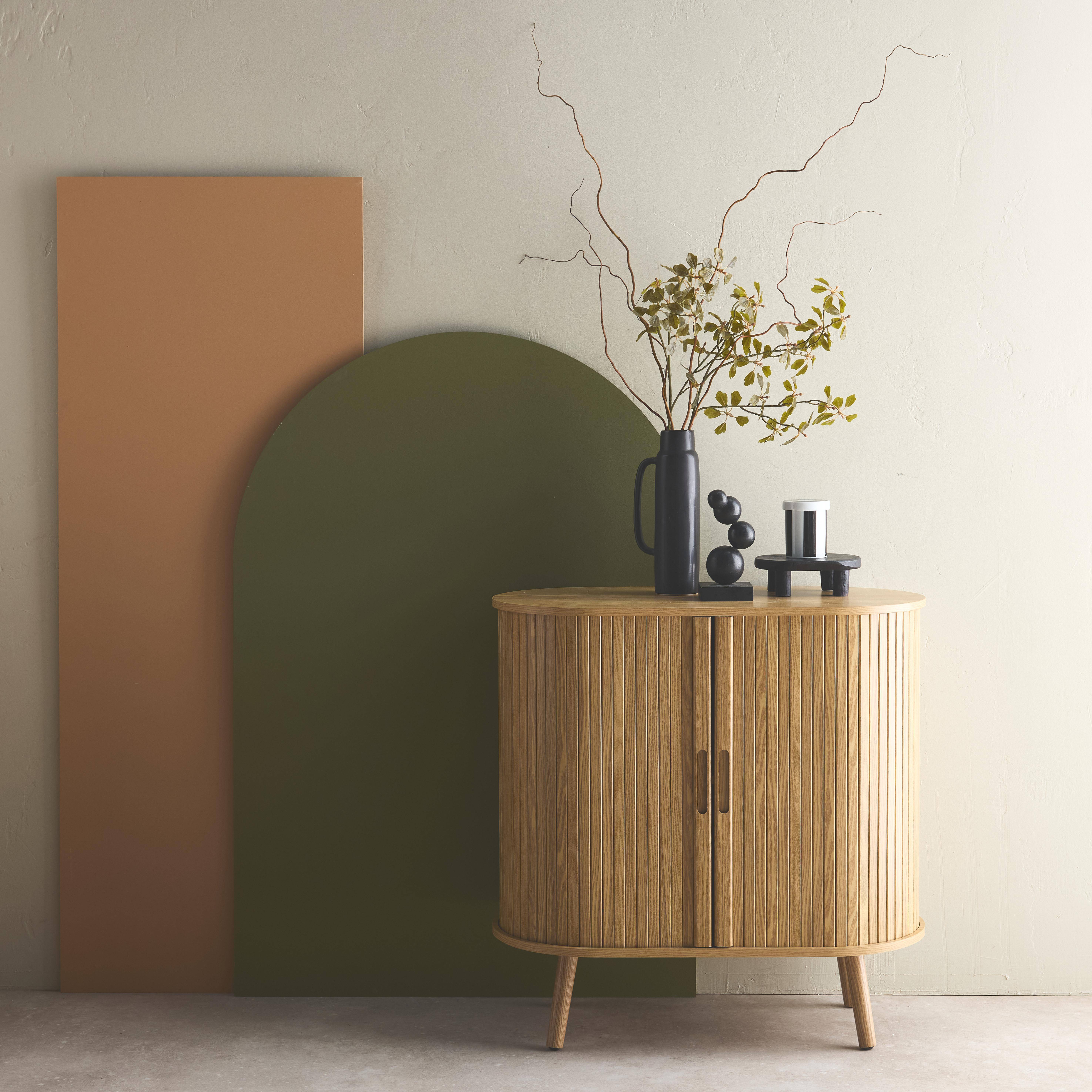 Sideboard with sliding doors and shelf, grooved wooden effect, Legacy, Natural, 80x40x80 cm Photo1