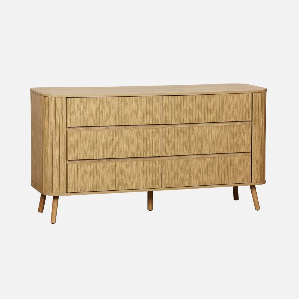 Kommode mit 6 Schubladen, geriffelter Holzlook naturfarben