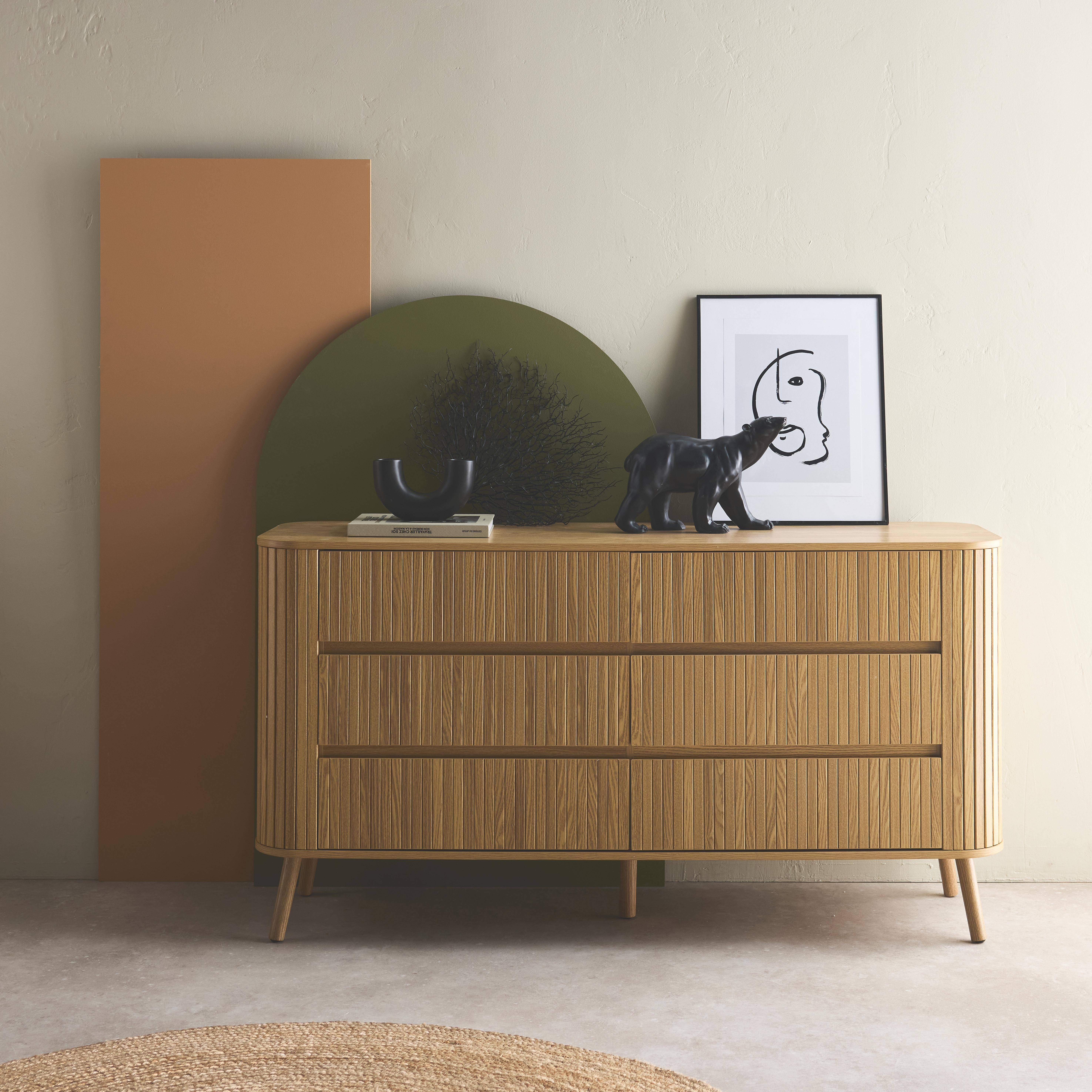 Commode 6 tiroirs, décor strié naturel, L 150 x P 45  H 80cm Photo1