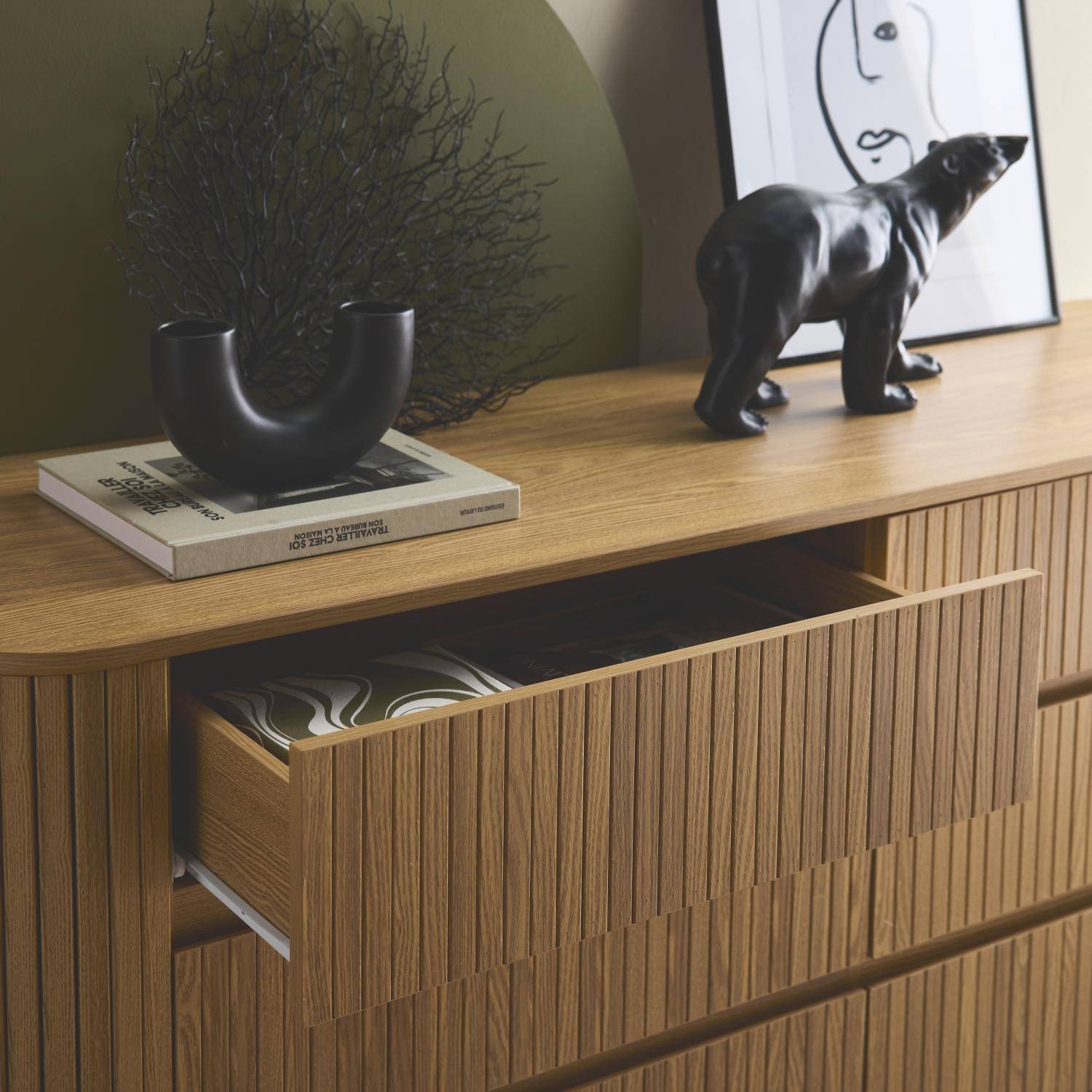 Cómoda de 6 gavetas, decoração estriada natural, Legacy, Natural, 150x45x80 cm Photo2