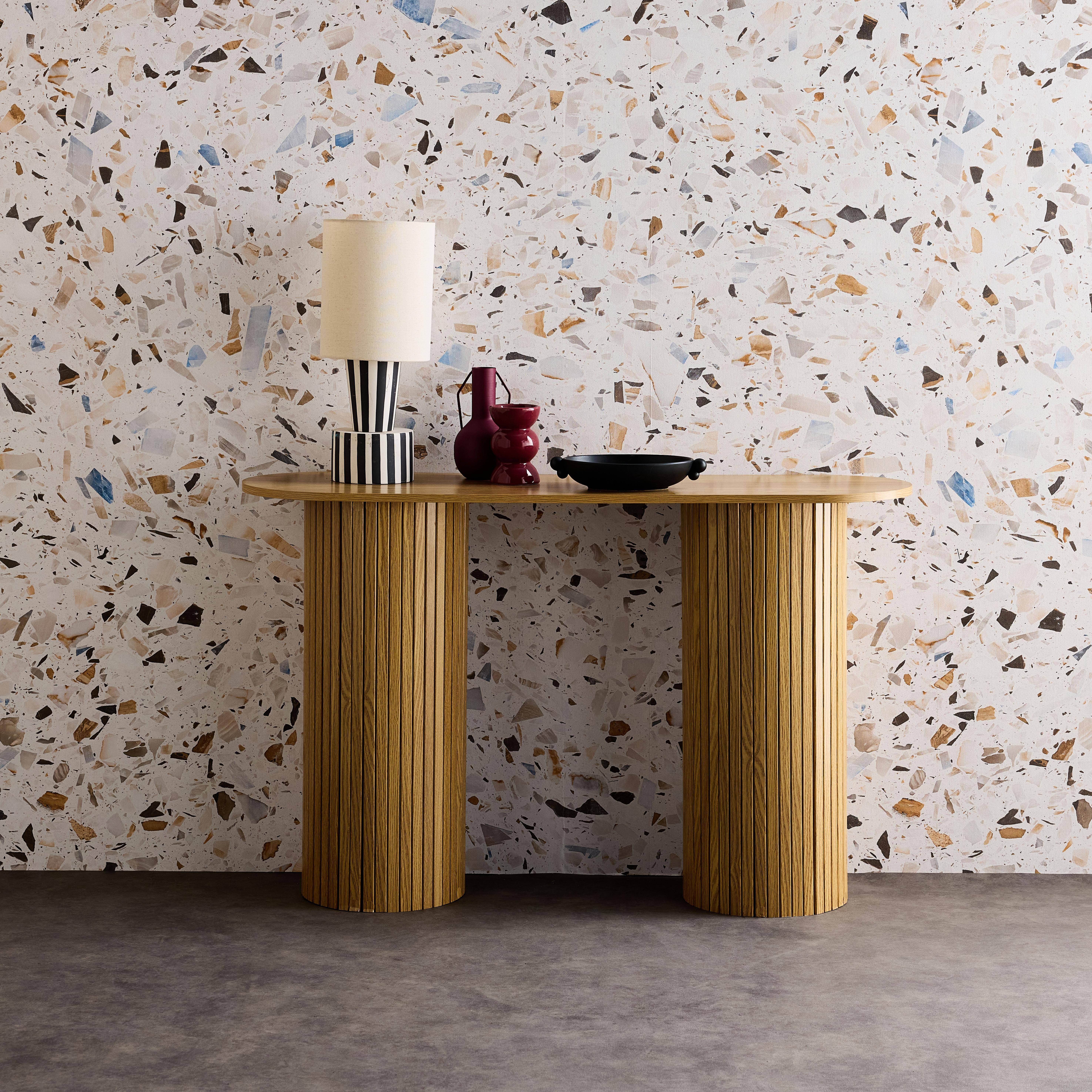 Scandinavian oval console with grooved wooden effect, Legacy, Natural, 120x35x75 cm Photo1