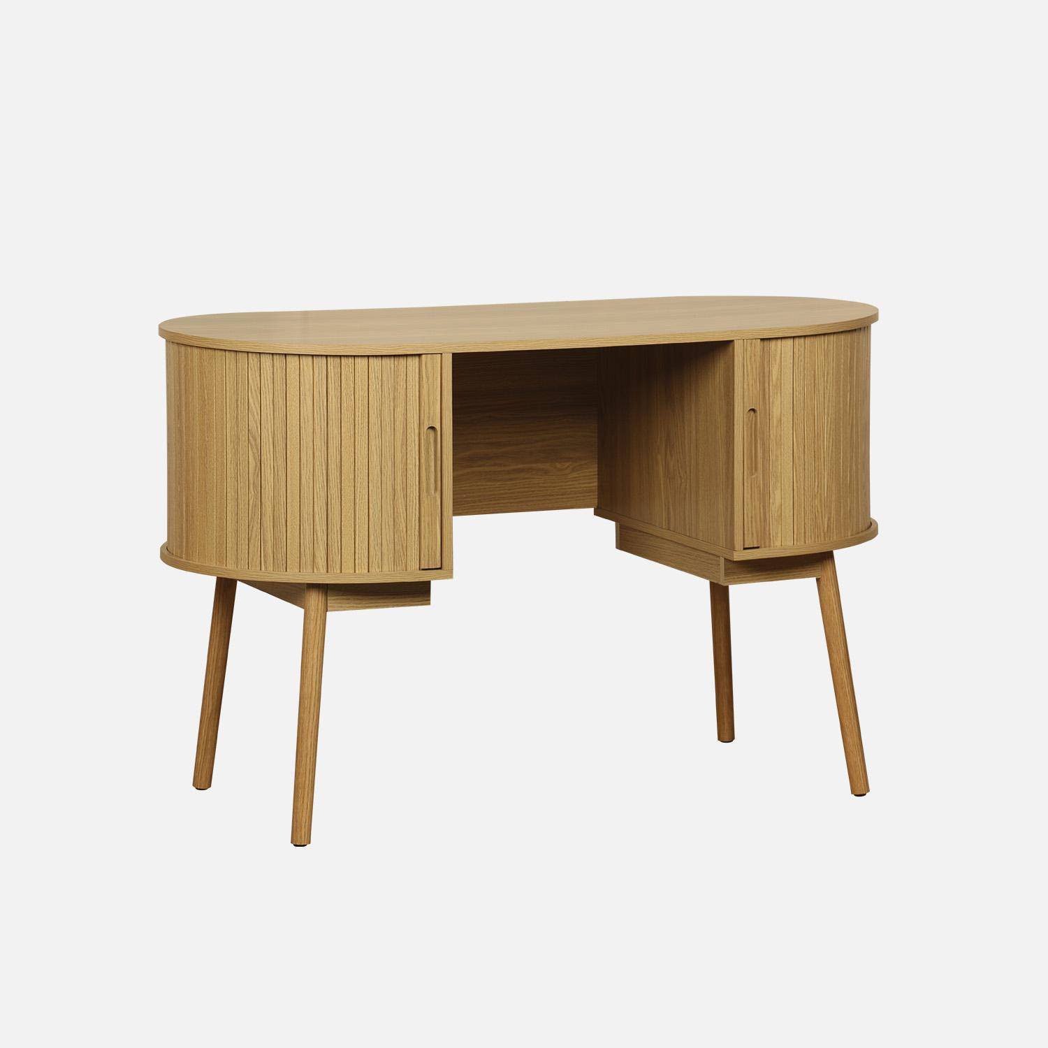 Ovaler Schreibtisch in geriffelter Holzoptik mit zwei Stauräumen, B 120 x T 55 x H 77 cm Photo1