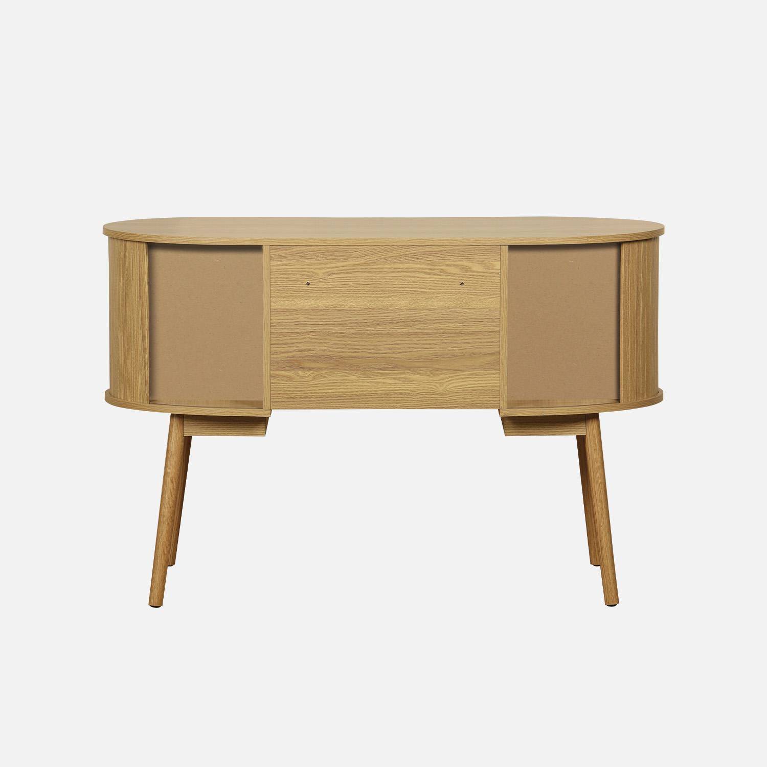 Ovaler Schreibtisch in geriffelter Holzoptik mit zwei Stauräumen, B 120 x T 55 x H 77 cm Photo4
