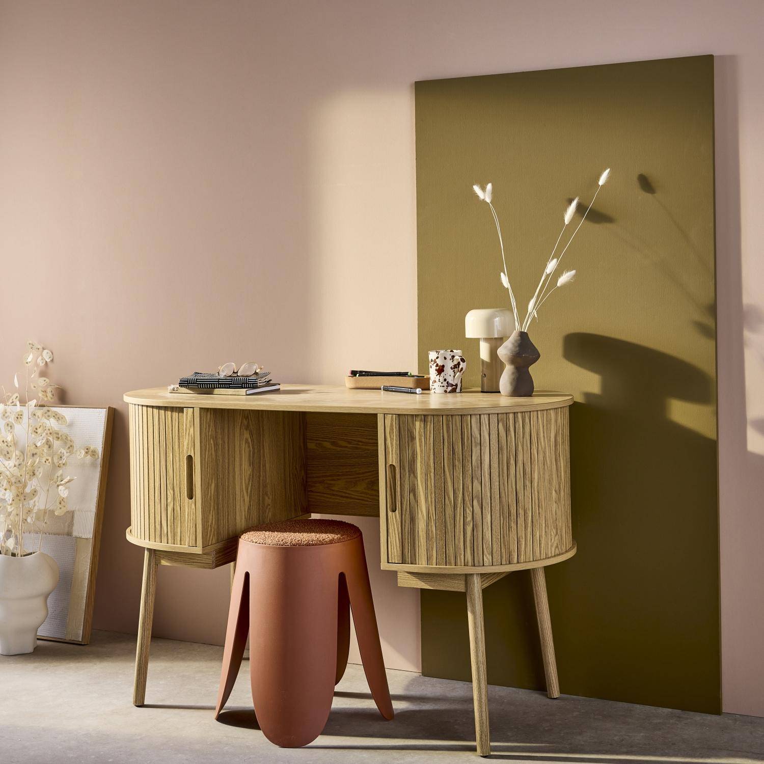 Escritorio ovalado efecto madera con dos espacios de almacenamiento, L 120cm, Legacy, Natural, 120x55x77 cm,sweeek,Photo3