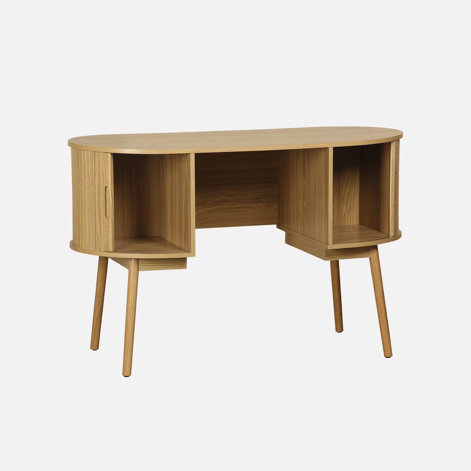 Ovaler Schreibtisch in geriffelter Holzoptik mit zwei Stauräumen, B 120 x T 55 x H 77 cm Photo3