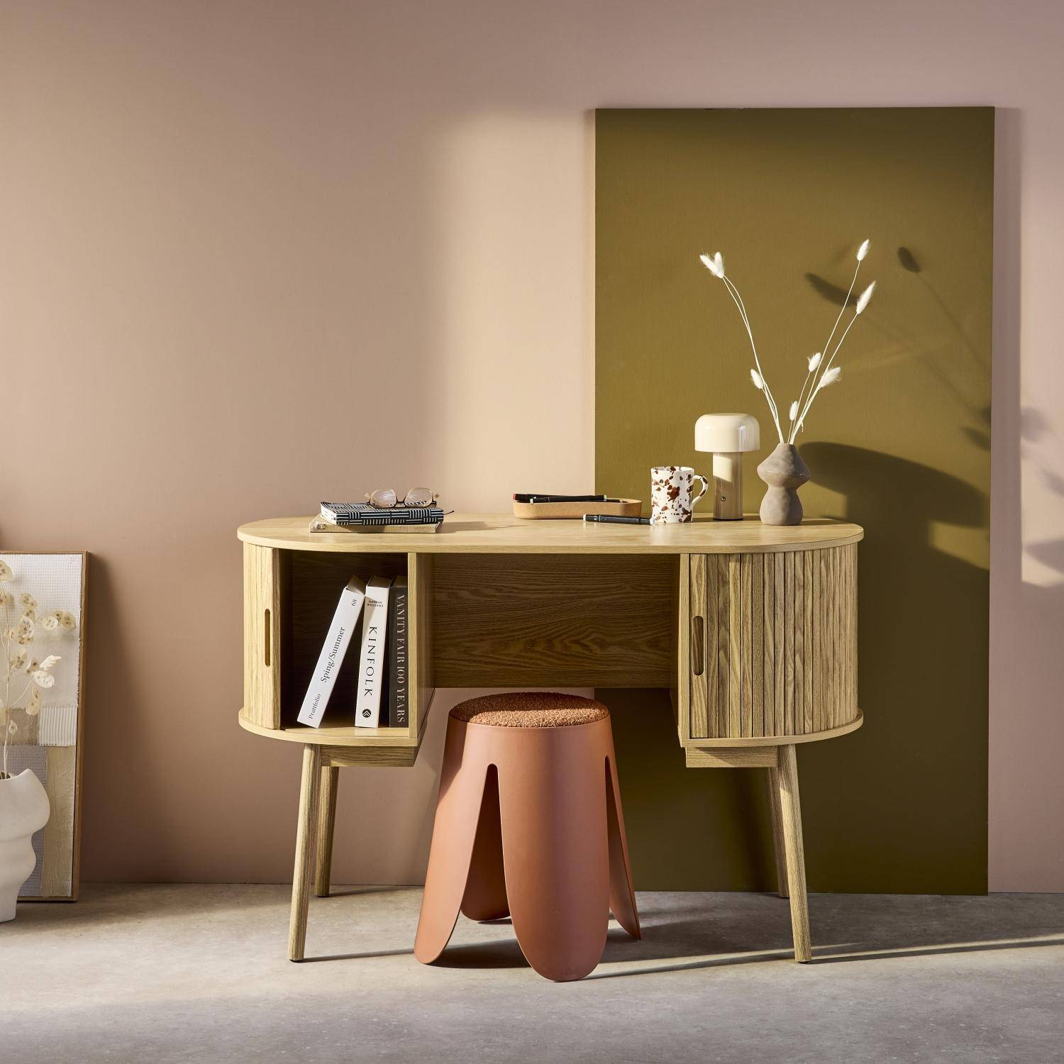 Escritorio ovalado efecto madera con dos espacios de almacenamiento, L 120cm, Legacy, Natural, 120x55x77 cm,sweeek,Photo2