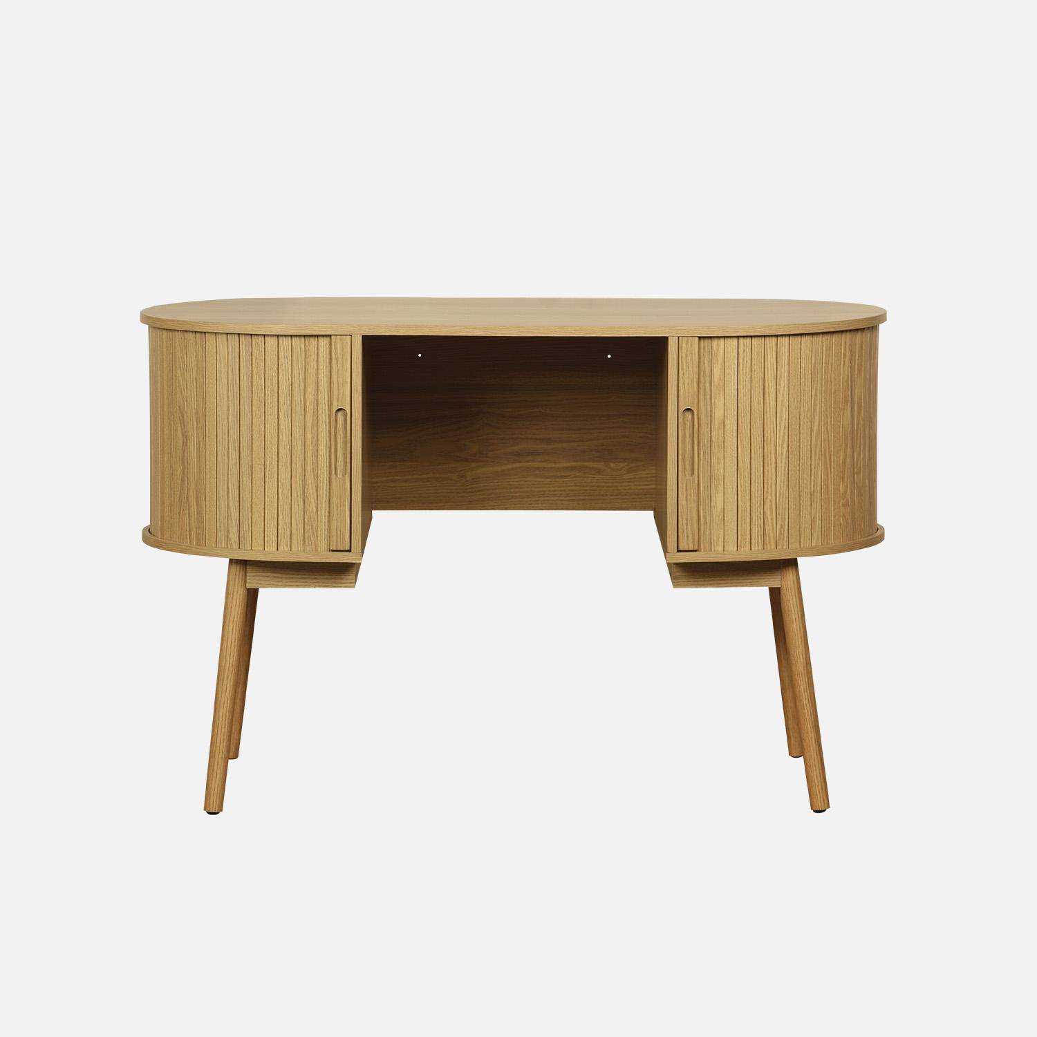 Ovaler Schreibtisch in geriffelter Holzoptik mit zwei Stauräumen, B 120 x T 55 x H 77 cm,sweeek,Photo2
