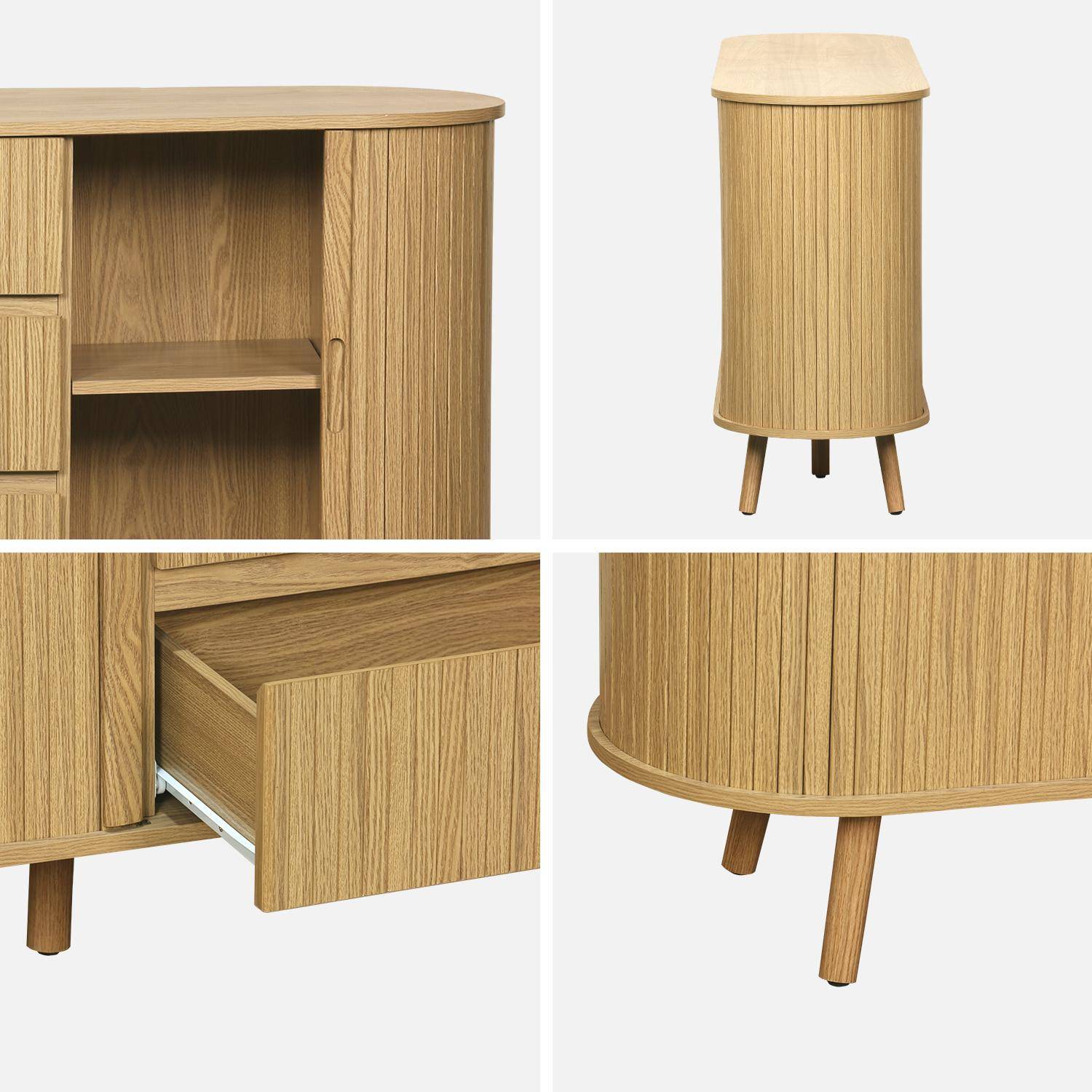 Scandinavisch ovaal dressoir, 2 schuifdeuren, 4 vakken, 3 laden, gegroefd houteffect, natuurlijke kleur, B 150 x D 40 x H 79cm Photo7