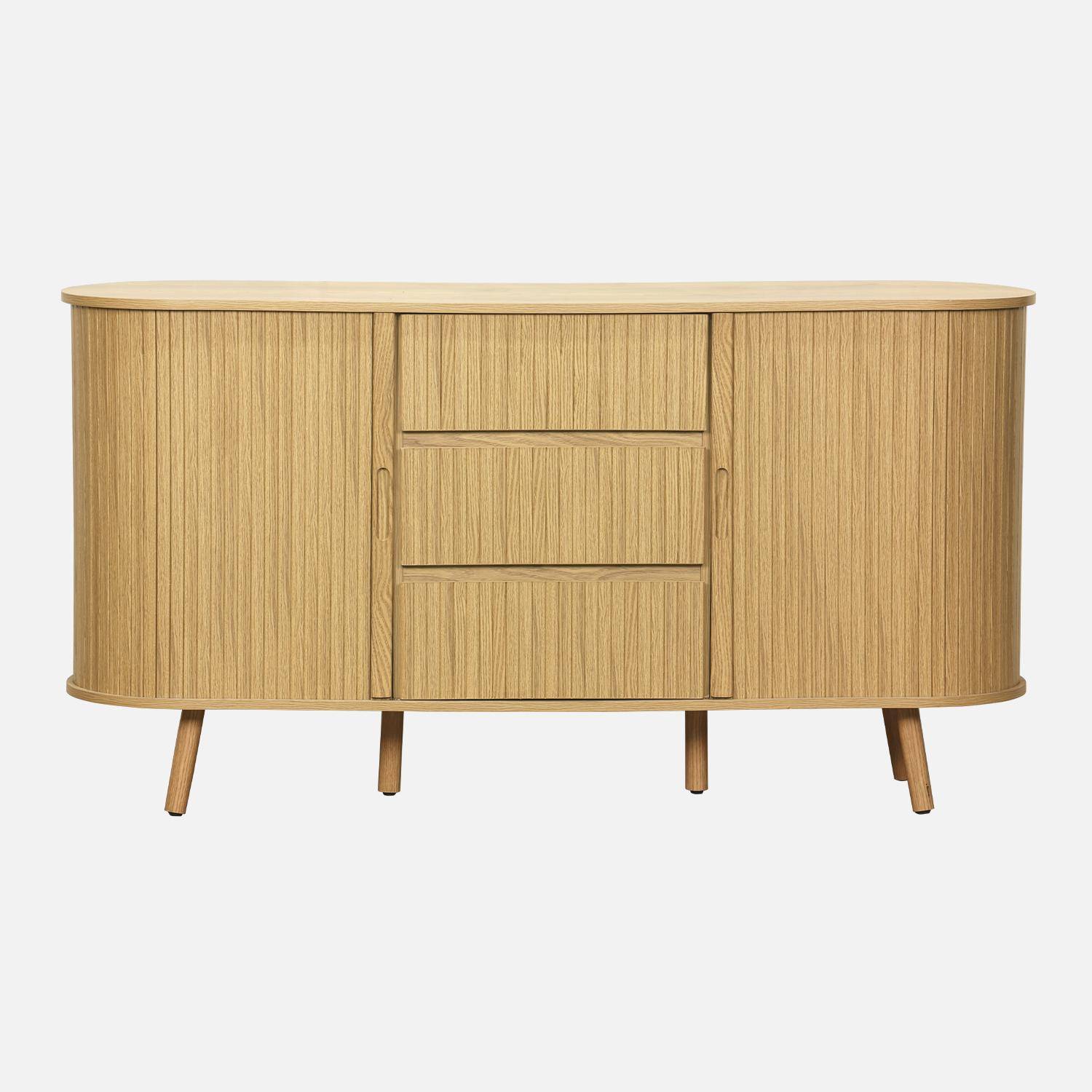 Scandinavisch ovaal dressoir, 2 schuifdeuren, 4 vakken, 3 laden, gegroefd houteffect, natuurlijke kleur, B 150 x D 40 x H 79cm Photo4