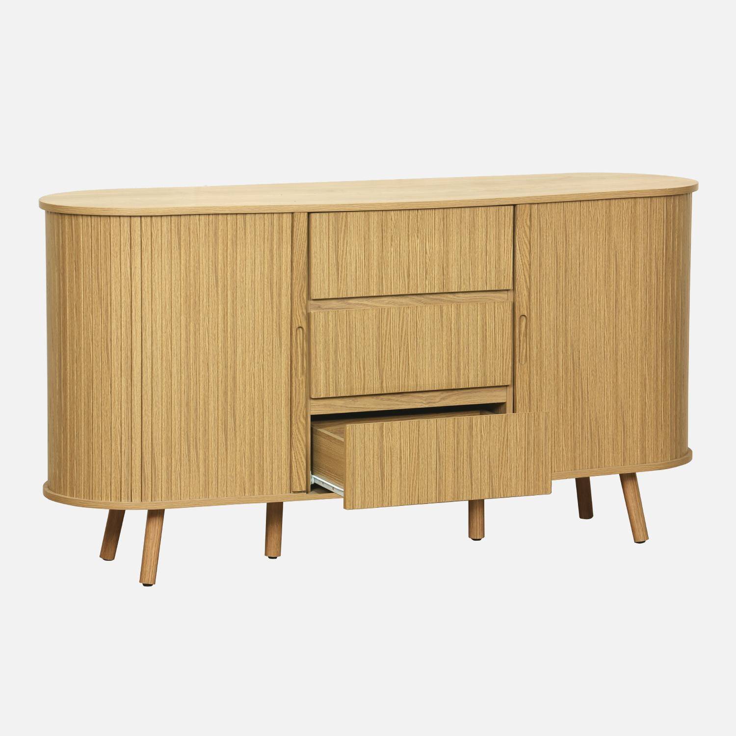 Scandinavisch ovaal dressoir, 2 schuifdeuren, 4 vakken, 3 laden, gegroefd houteffect, natuurlijke kleur, B 150 x D 40 x H 79cm Photo5