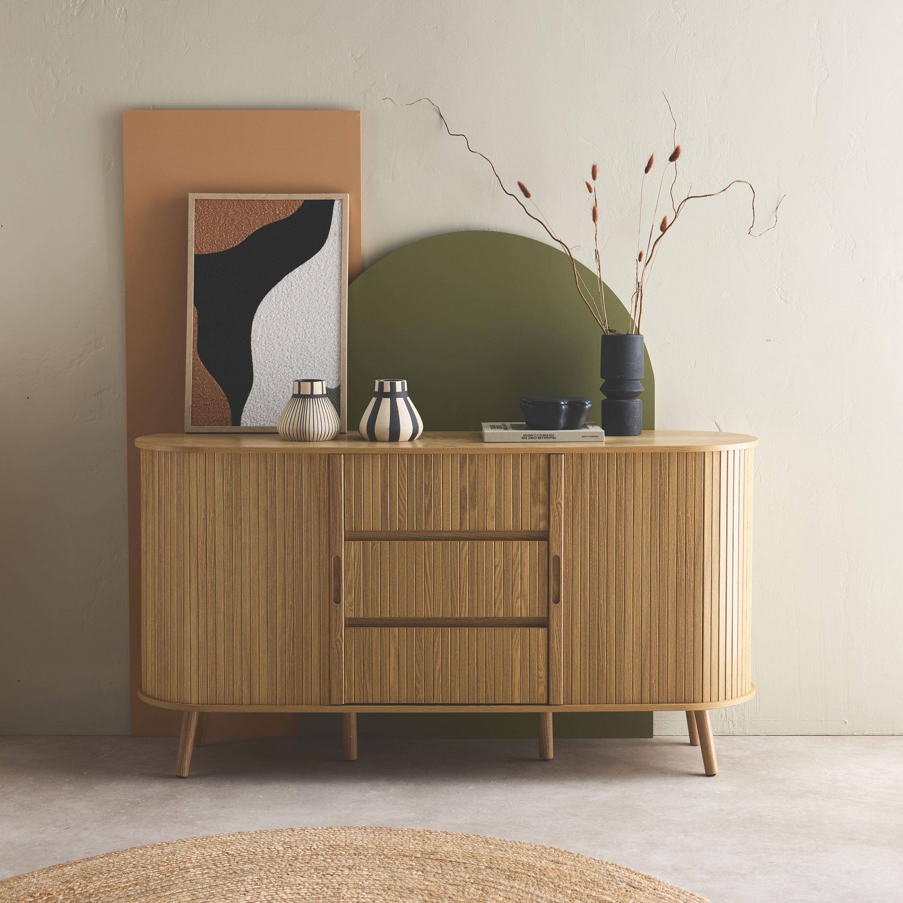 Scandinavisch ovaal dressoir, 2 schuifdeuren, 4 vakken, 3 laden, gegroefd houteffect, natuurlijke kleur, B 150 x D 40 x H 79cm Photo1