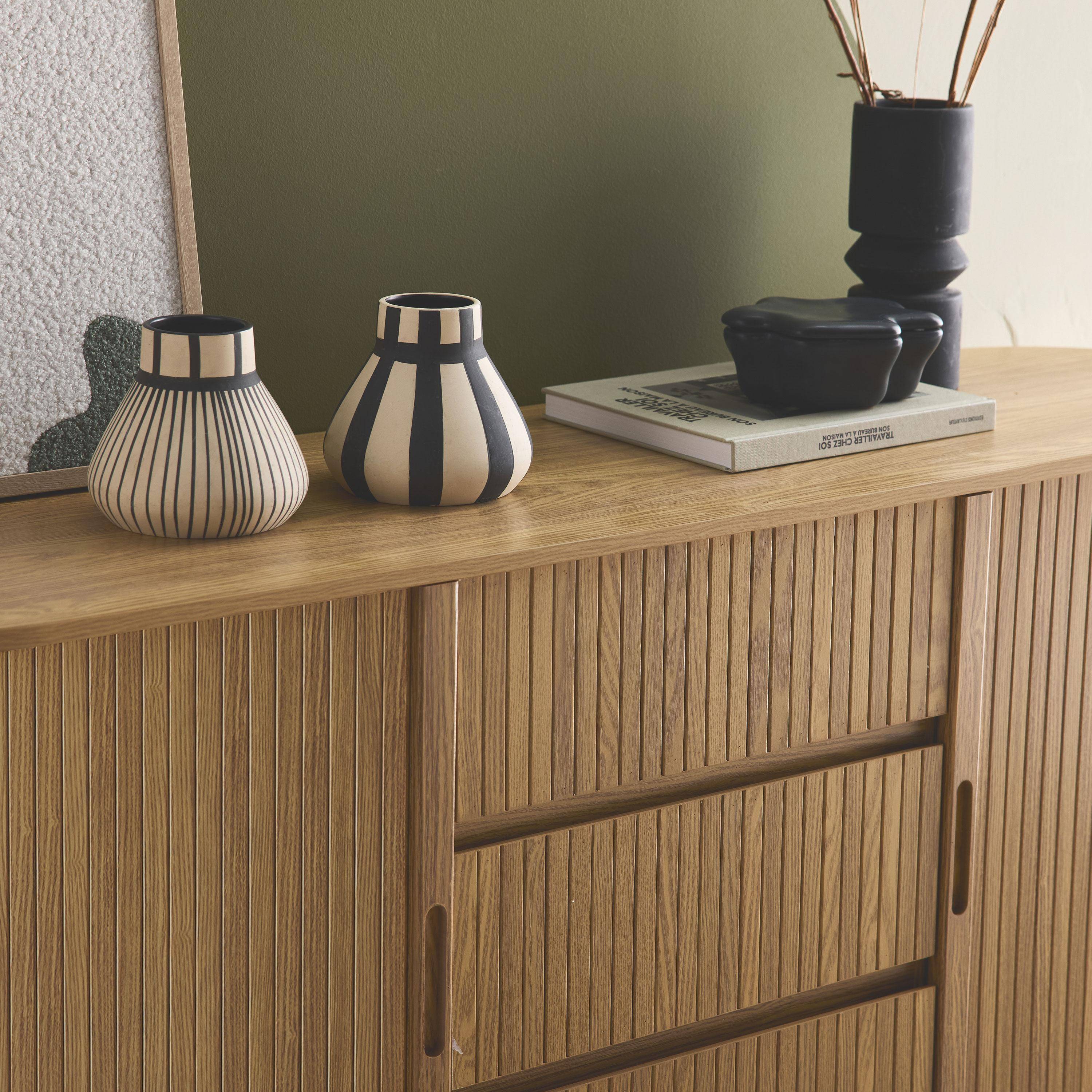 Scandinavisch ovaal dressoir, 2 schuifdeuren, 4 vakken, 3 laden, gegroefd houteffect, natuurlijke kleur, B 150 x D 40 x H 79cm Photo2