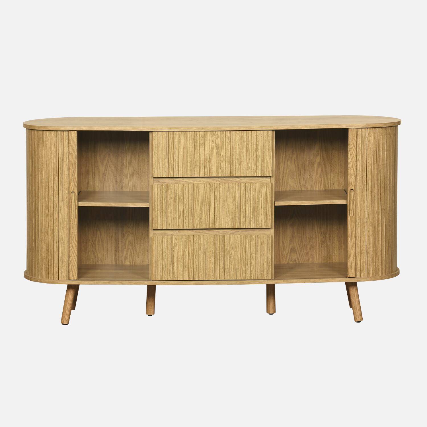 Scandinavisch ovaal dressoir, 2 schuifdeuren, 4 vakken, 3 laden, gegroefd houteffect, natuurlijke kleur, B 150 x D 40 x H 79cm Photo6