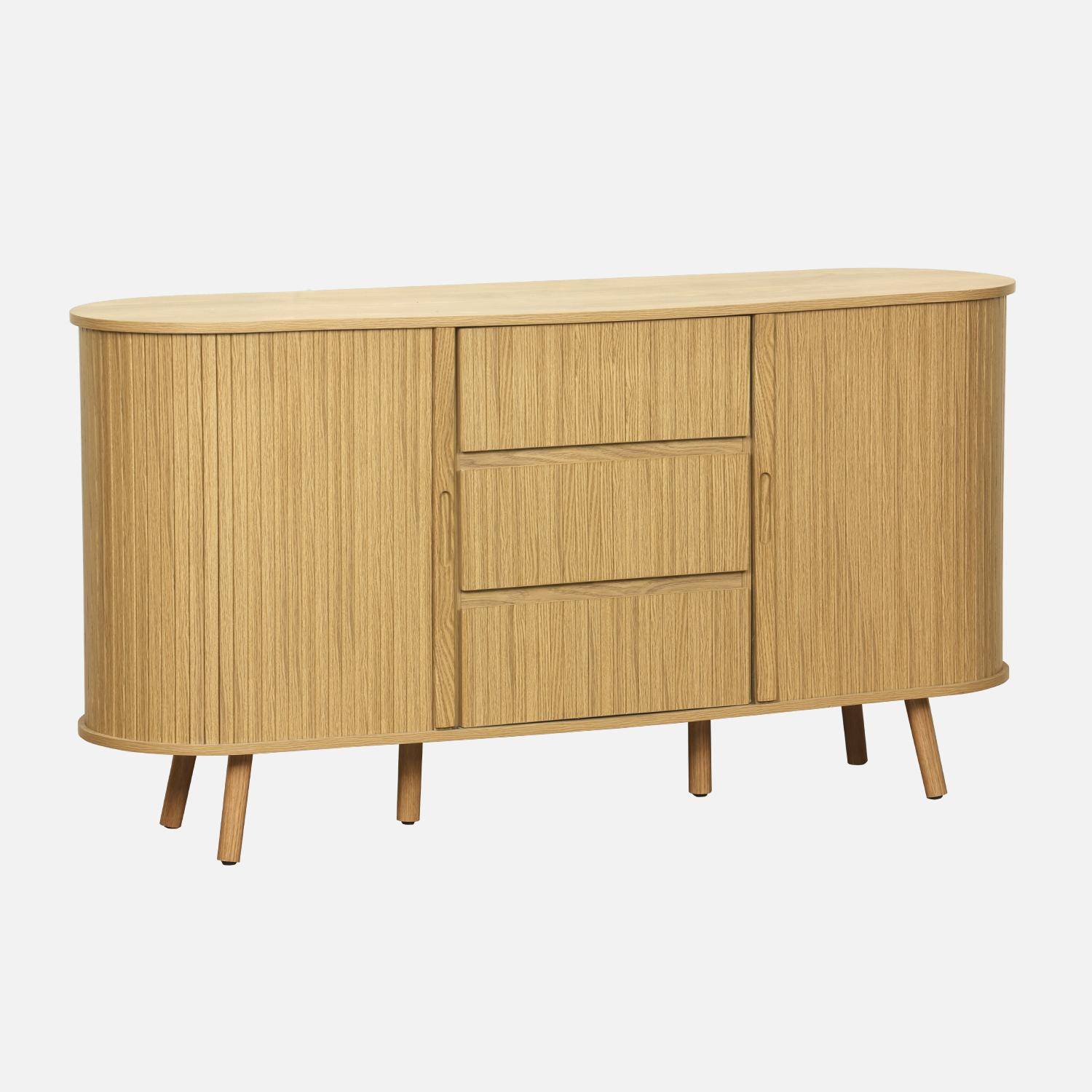 Scandinavisch ovaal dressoir, 2 schuifdeuren, 4 vakken, 3 laden, gegroefd houteffect, natuurlijke kleur, B 150 x D 40 x H 79cm Photo3