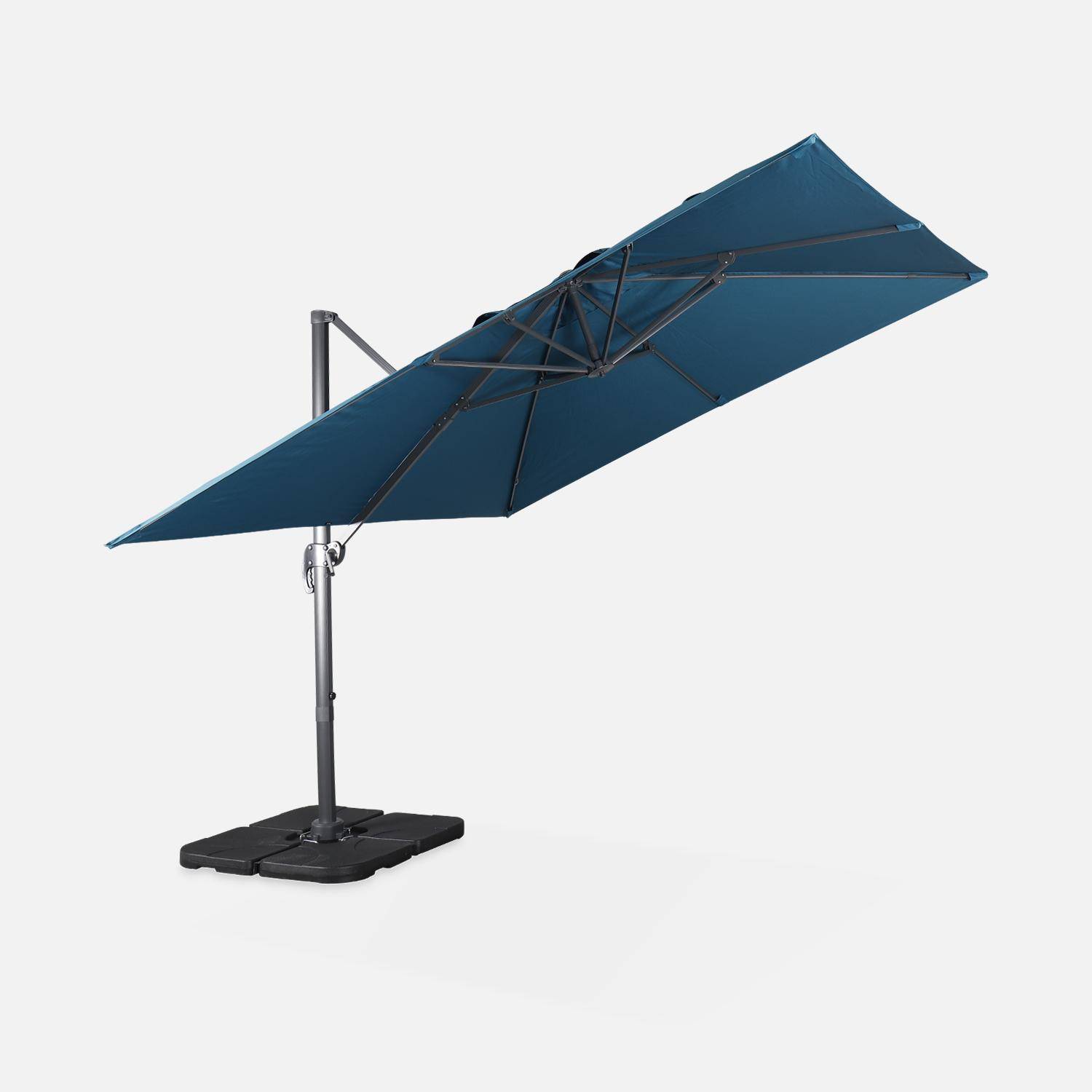 Offset vierkante eend blauwe parasol 3x3m grijze structuur + Set van 4 verzwaarde tegels 50x50cm Photo4