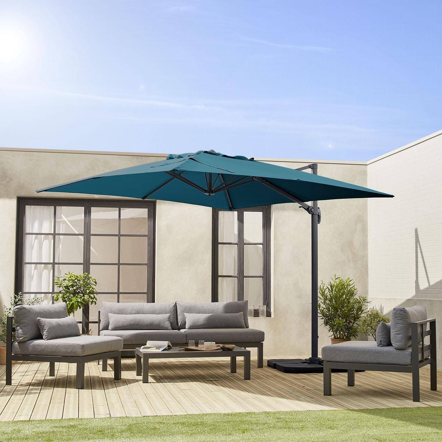 Parasol desplazado 3x3m + juego de 4 losas de 50x50cm, Falgos + losas 50x50cm, Azul, 300x300x260 cm,sweeek,Photo1