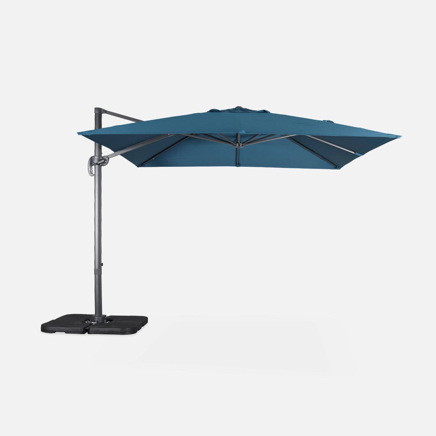 Offset vierkante eend blauwe parasol 3x3m grijze structuur + Set van 4 verzwaarde tegels 50x50cm Photo3