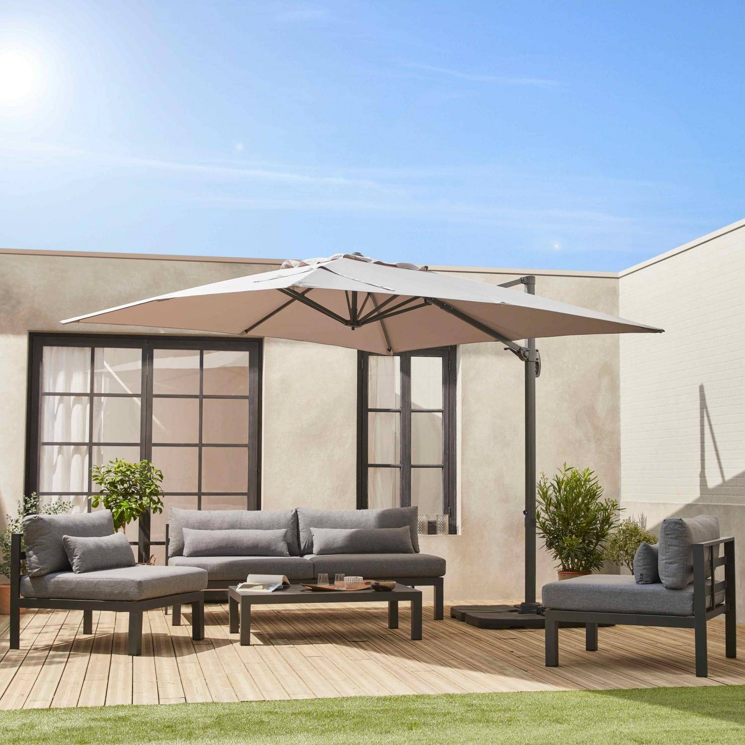 Parasol cuadrado excéntrico, 3x3m + placas de lastre 50x50cm Beige - 300x300x260 cm,sweeek,Photo2