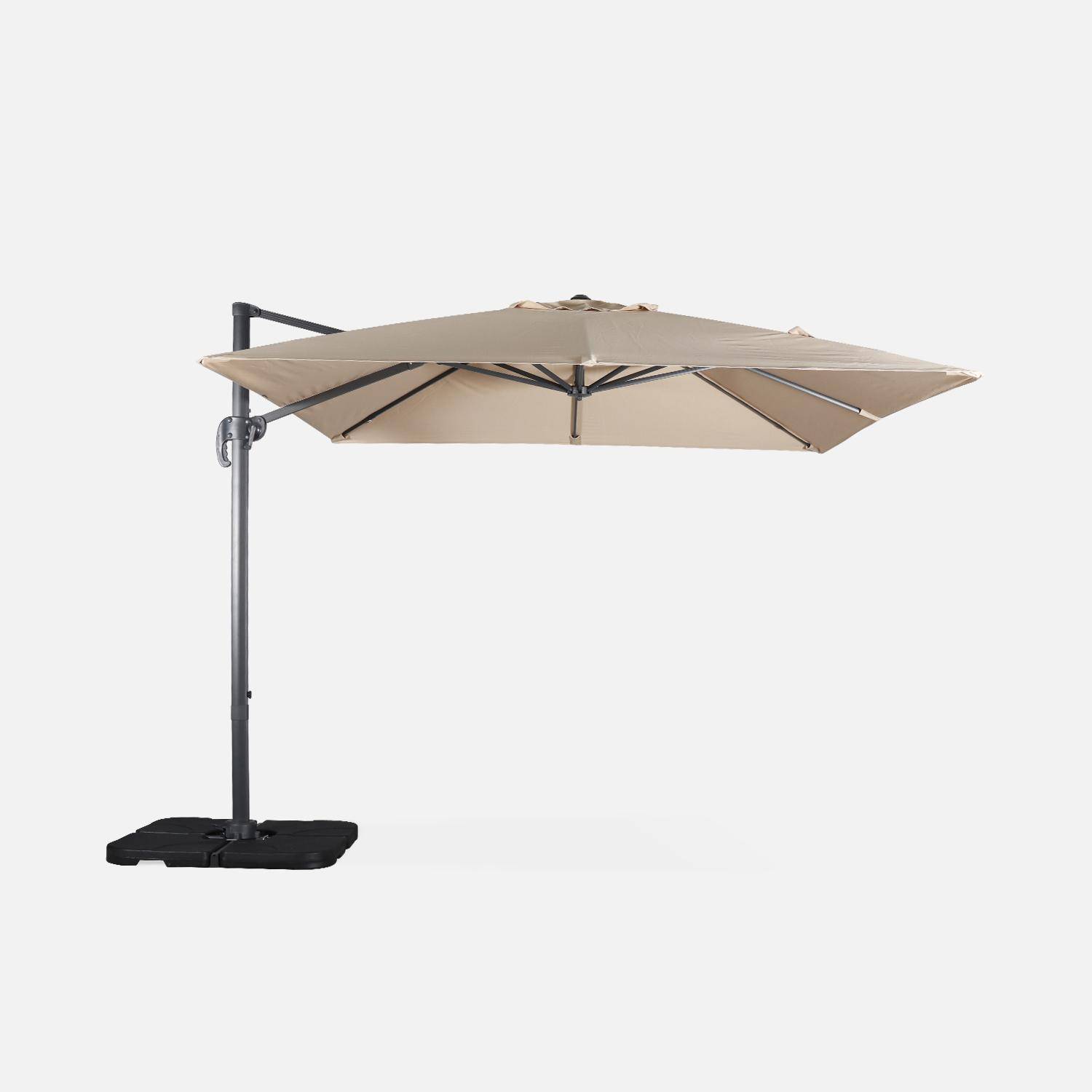 Offset vierkante beige parasol 3x3m grijze structuur + Set van 4 verzwaarde tegels 50x50cm Photo3