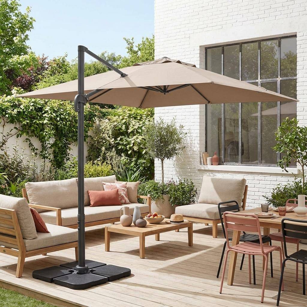 Parasol cuadrado excéntrico, 3x3m + placas de lastre 50x50cm Pardo - 300x300x260 cm Photo1