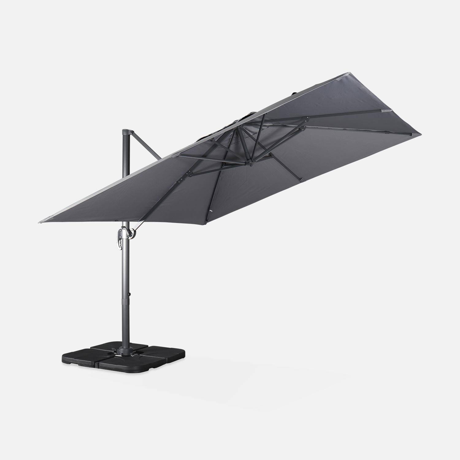 3x3m vierkante grijze gedeporteerde parasol met grijze structuur + Set van 4 verzwaarde tegels 50x50cm Photo4