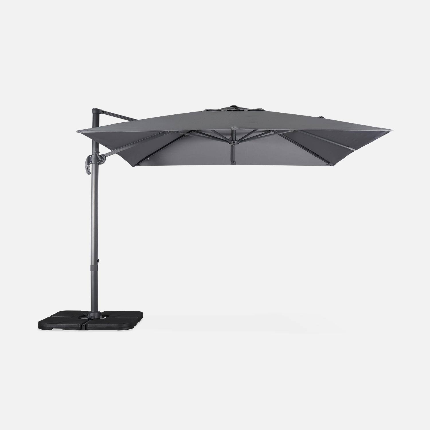 3x3m vierkante grijze gedeporteerde parasol met grijze structuur + Set van 4 verzwaarde tegels 50x50cm Photo3