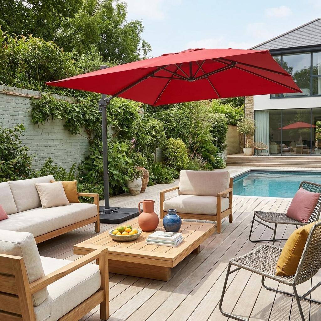 Parasol cuadrado excéntrico, 3x3m + placas de lastre 50x50cm Rojo - 300x300x260 cm Photo1