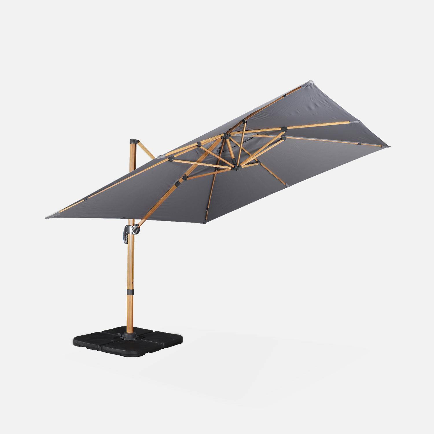 Offset grijze vierkante parasol 3x3m met houteffect structuur + Set van 4 verzwaarde tegels 50x50cm Photo4