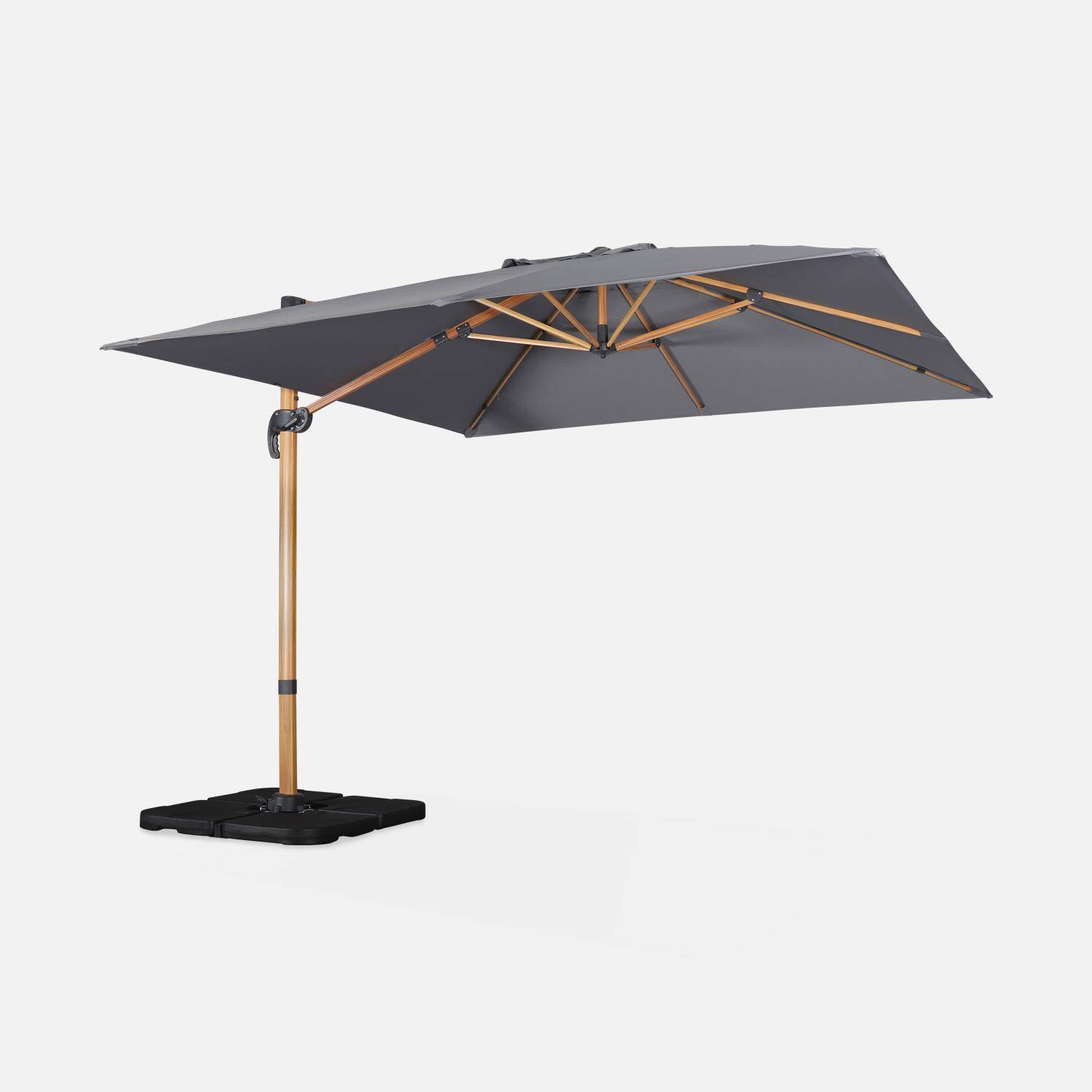 Offset grijze vierkante parasol 3x3m met houteffect structuur + Set van 4 verzwaarde tegels 50x50cm Photo2