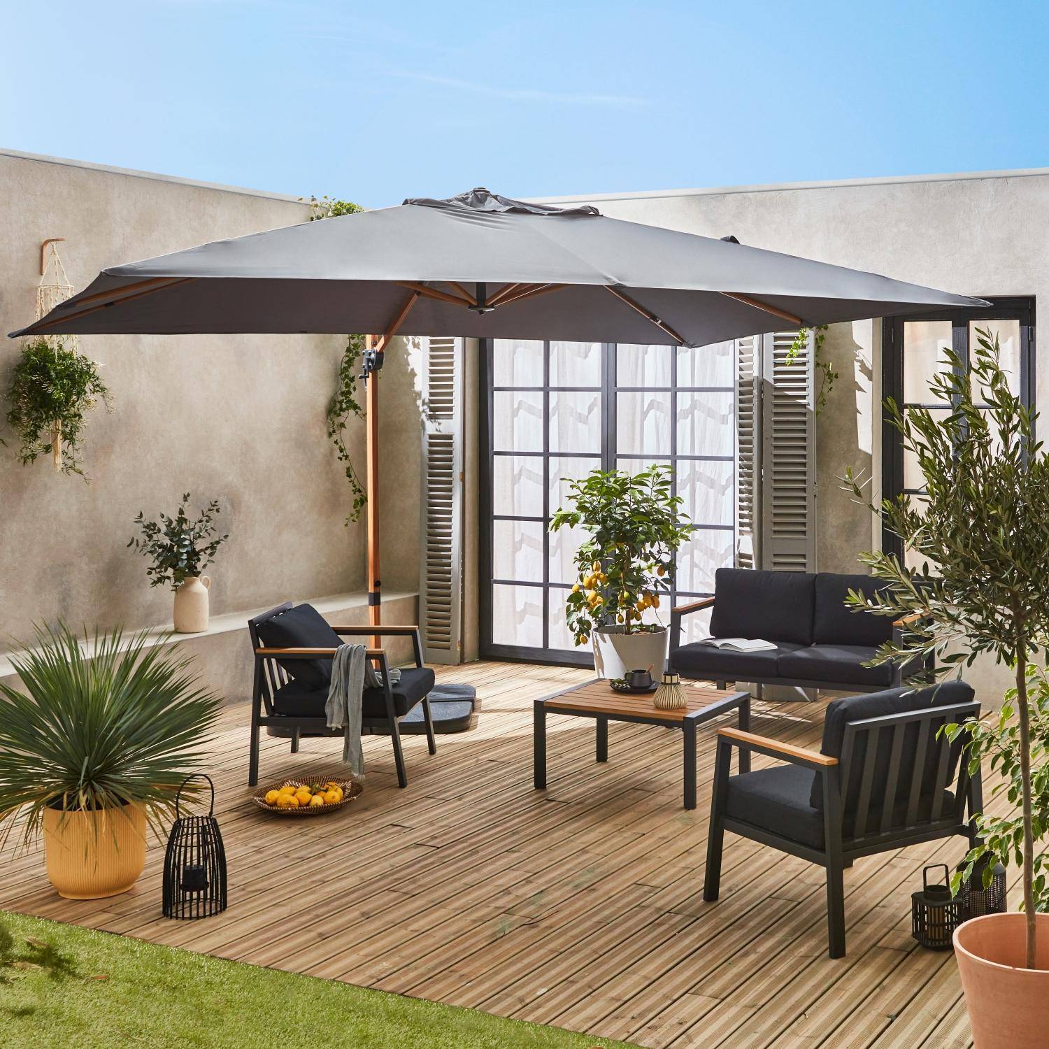 Grey offset square parasol 3x3m with wood-effect frame + Set of 4 weighting slabs 50x50cm,sweeek,Photo2