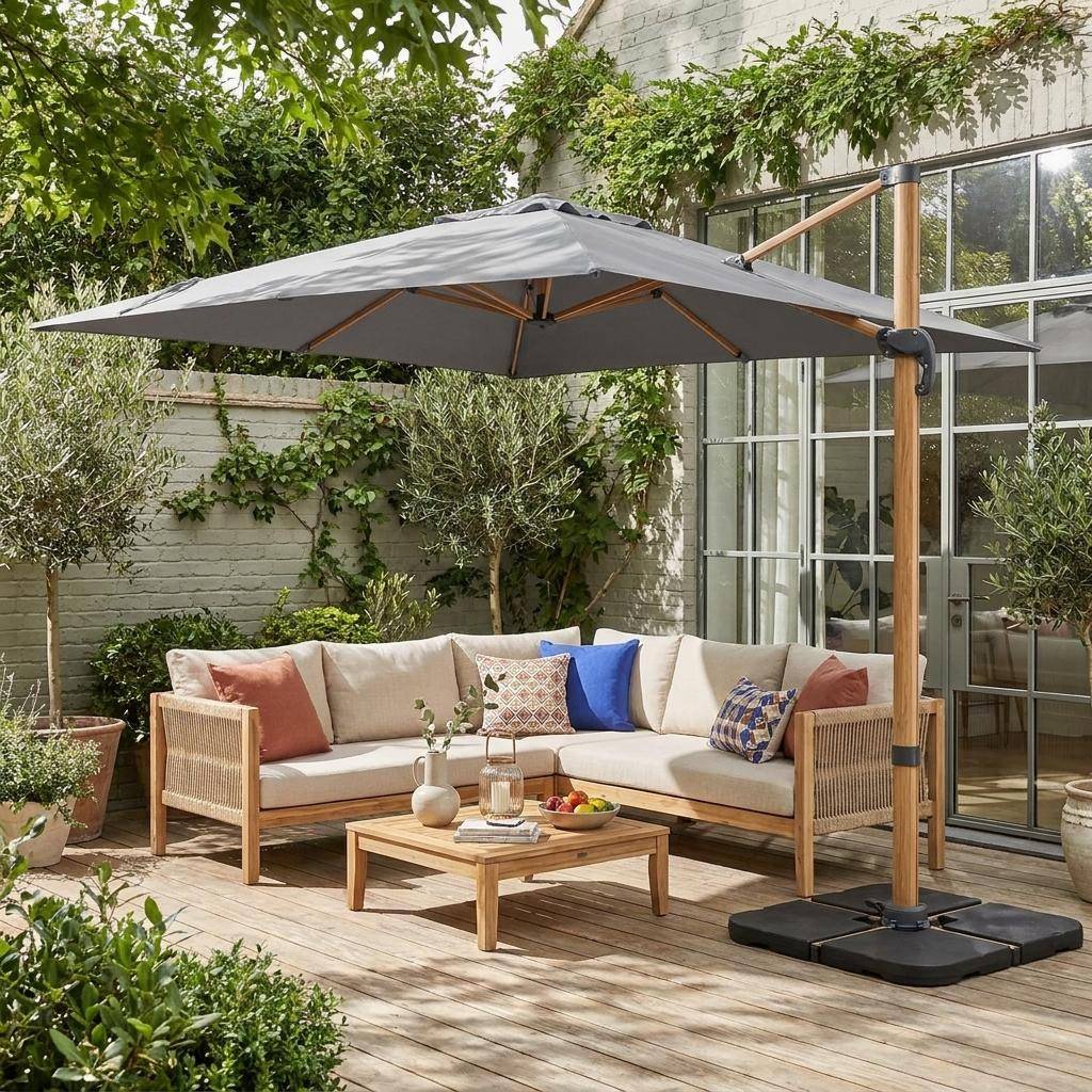 Grey offset square parasol 3x3m with wood-effect frame + Set of 4 weighting slabs 50x50cm Photo1