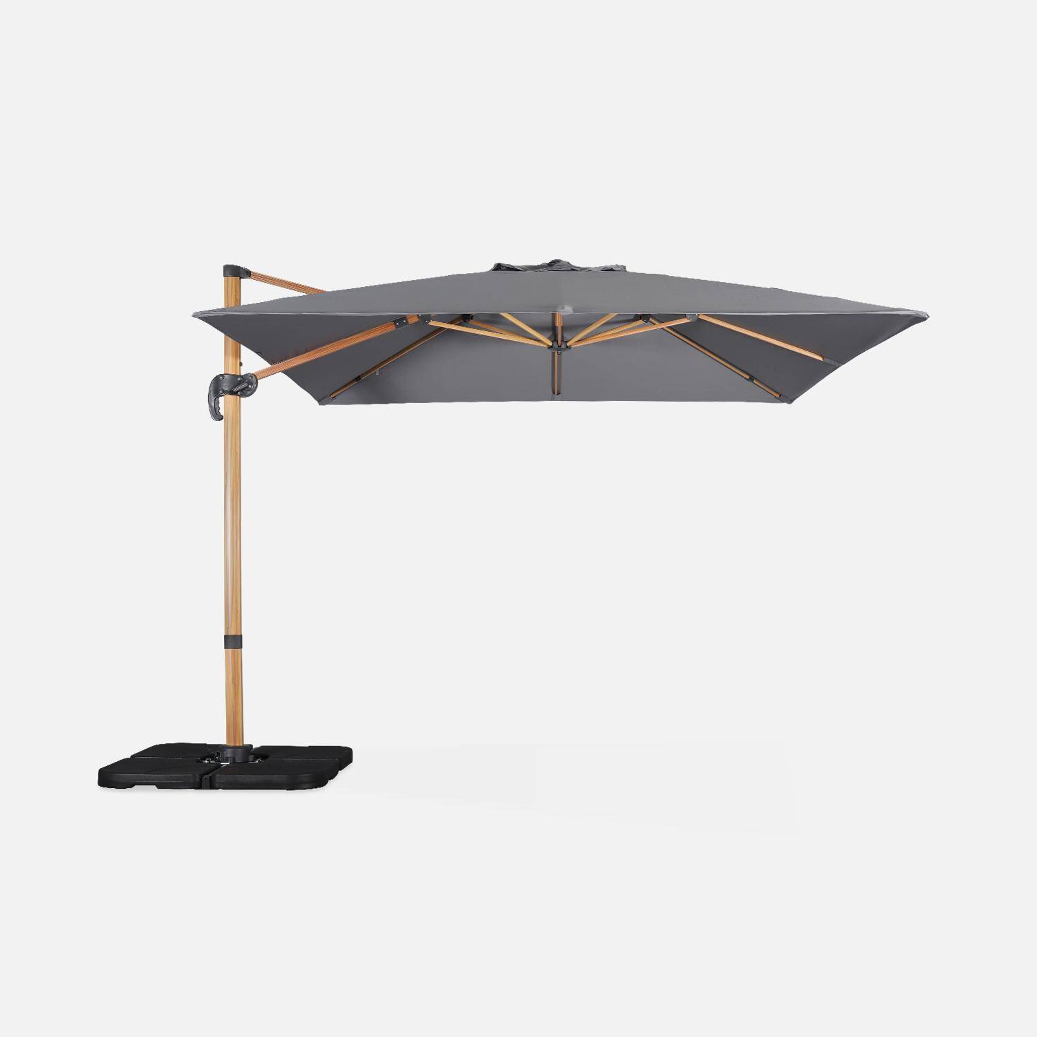 Offset grijze vierkante parasol 3x3m met houteffect structuur + Set van 4 verzwaarde tegels 50x50cm Photo3