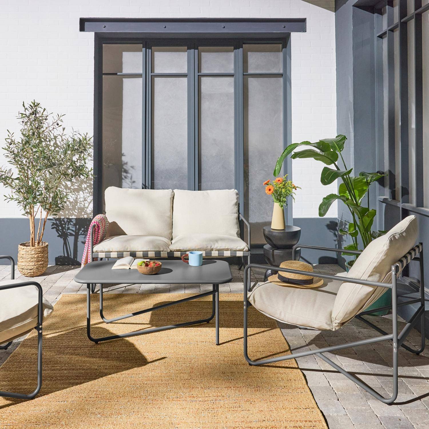 Conjunto de mobiliário de jardim com mesa de metal de 4 lugares, Alcamo, Antracite, 78x128x63 cm Photo1