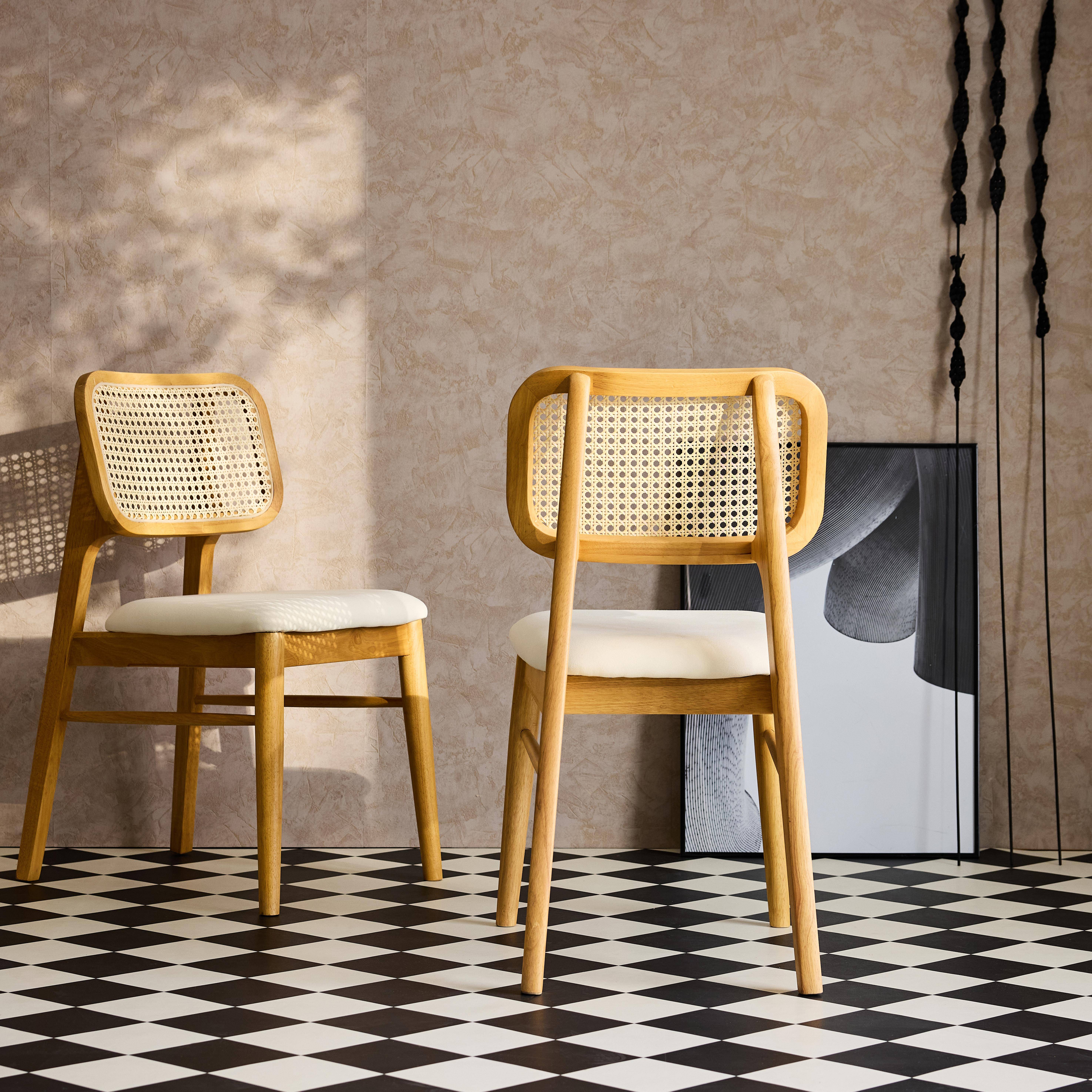 Lot de 2 chaises bois d'hévéa, cannage et tissu beige, bohème, L 43 x P 55 x H 81cm Photo2