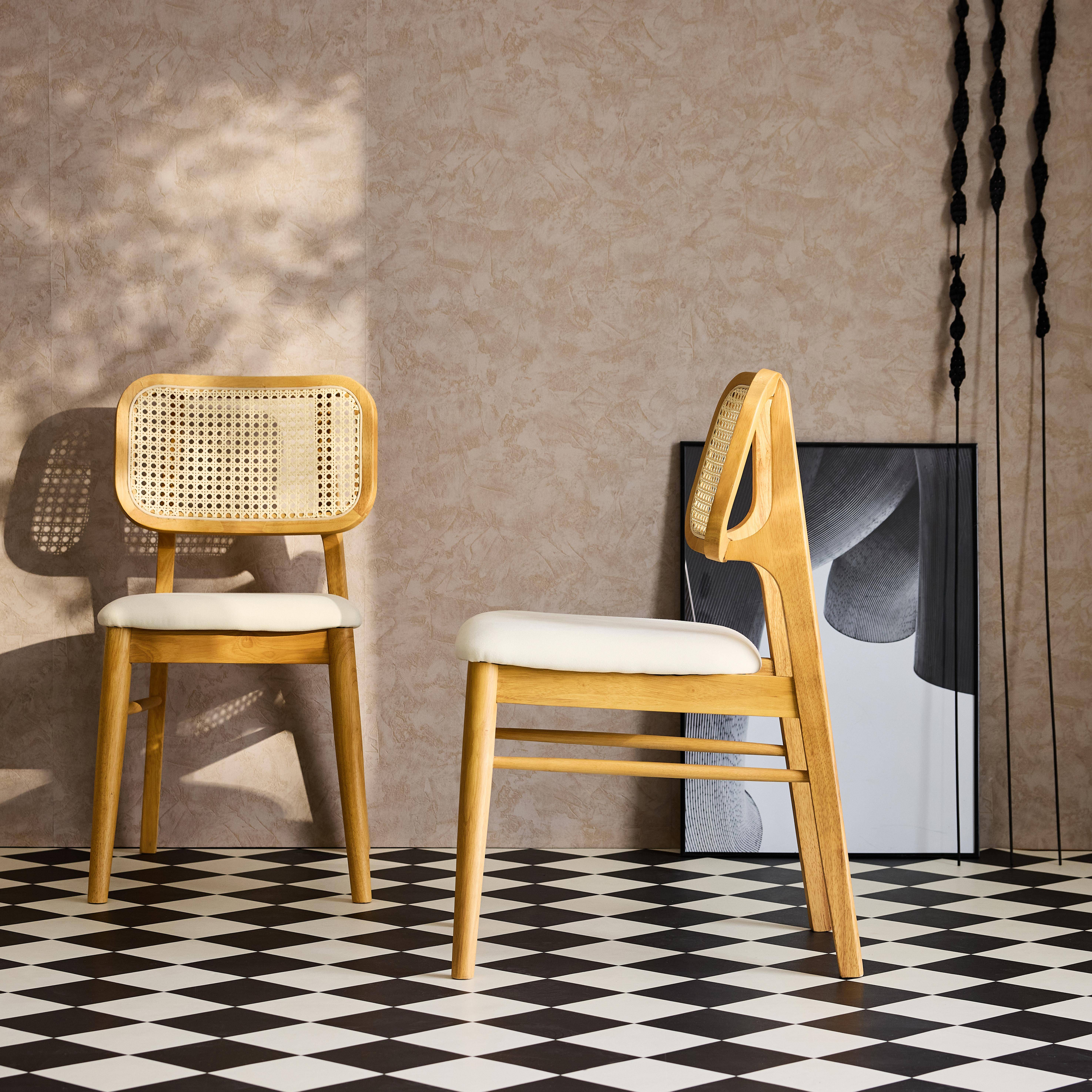 Lot de 2 chaises bois d'hévéa, cannage et tissu beige, bohème, L 43 x P 55 x H 81cm Photo1