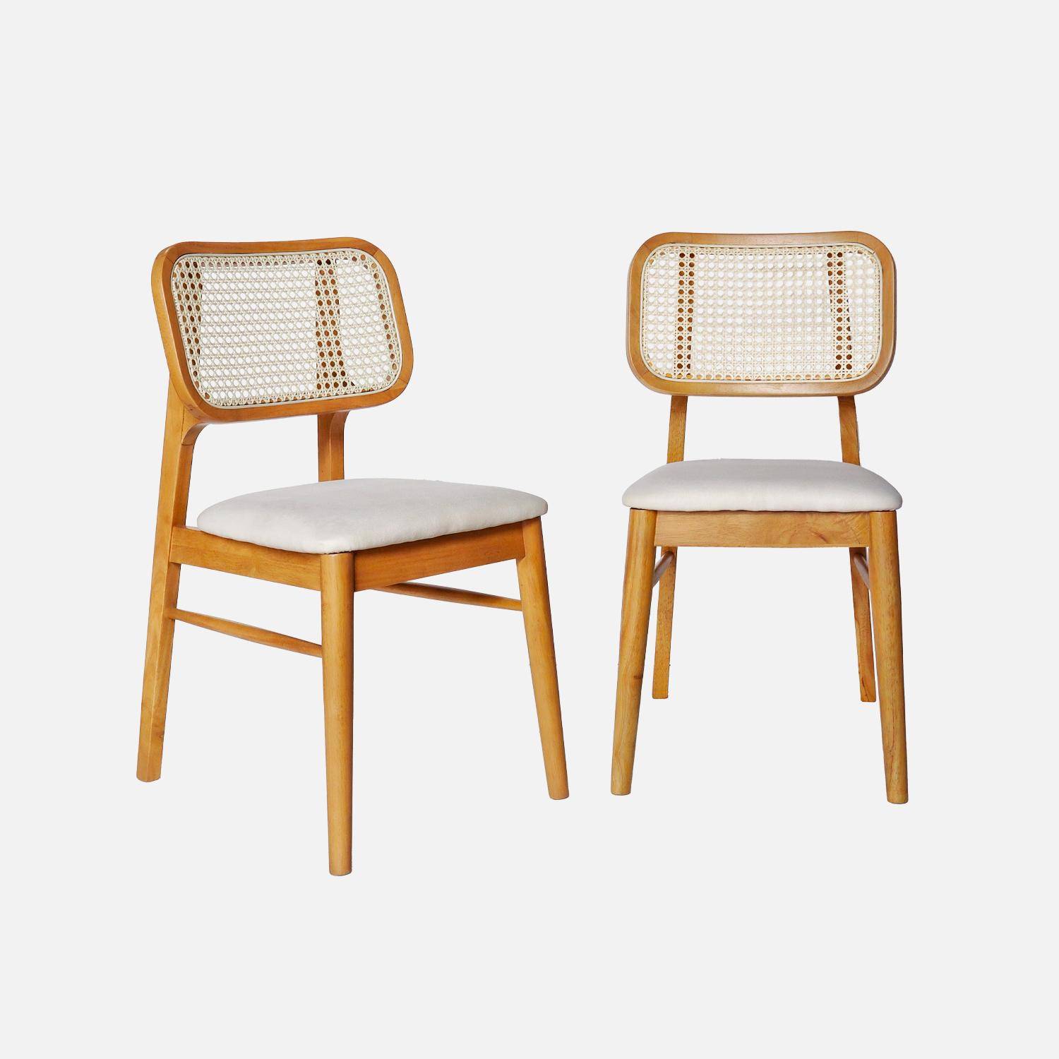 Lot de 2 chaises bois d'hévéa, cannage et tissu beige, bohème, L 43 x P 55 x H 81cm Photo3