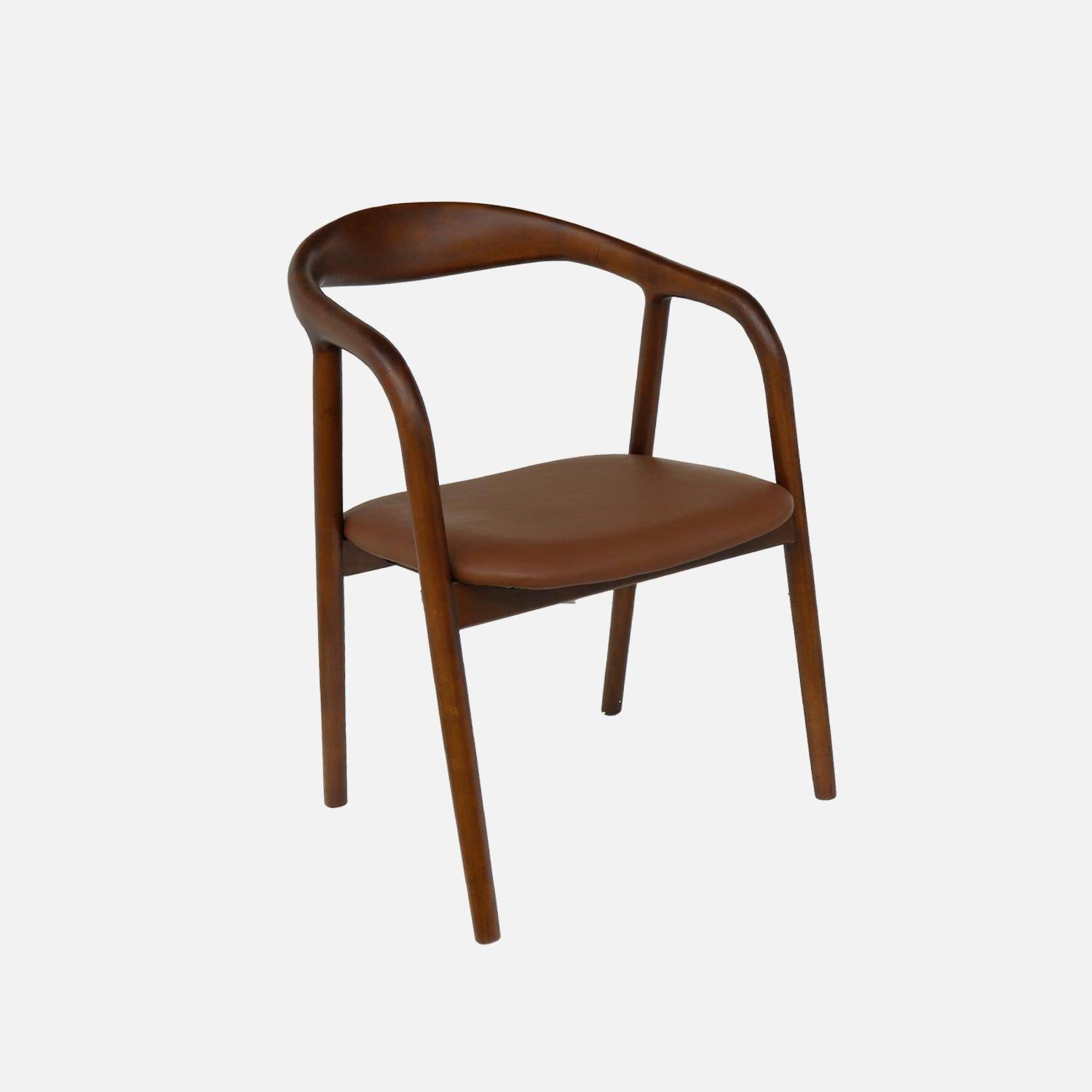 Lot de 2 fauteuils structure bois d'hévéa, assise simili cuir, teinte noyer vintage. L 55 x P 57 x H 79cm. Photo4