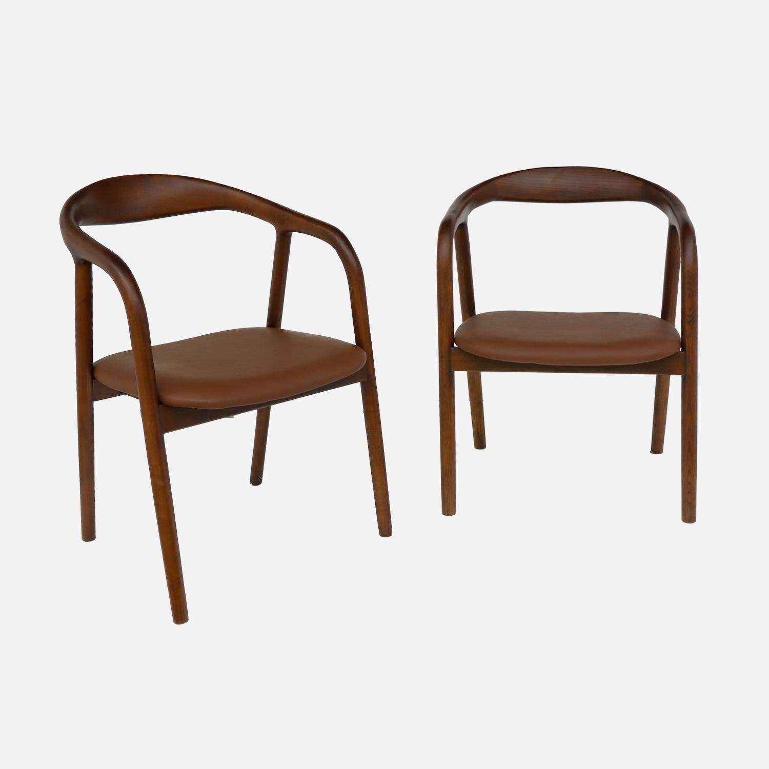 Lot de 2 fauteuils structure bois d'hévéa, assise simili cuir, teinte noyer vintage. L 55 x P 57 x H 79cm. Photo3