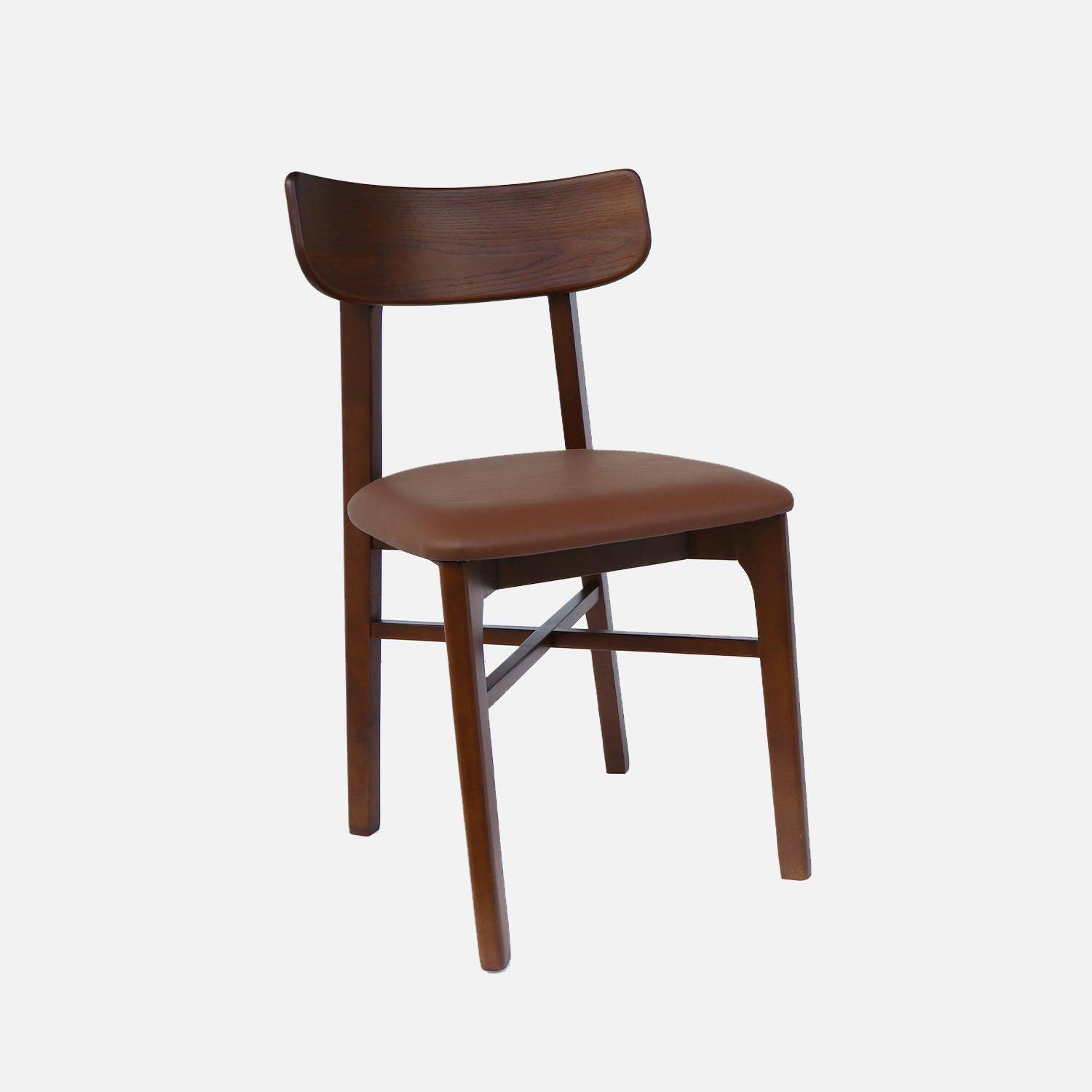 Lot de 2 chaises bois d'hévéa et assise simili cuir marron, vintage, L 43,5 x P 48 x H 81cm  Photo4