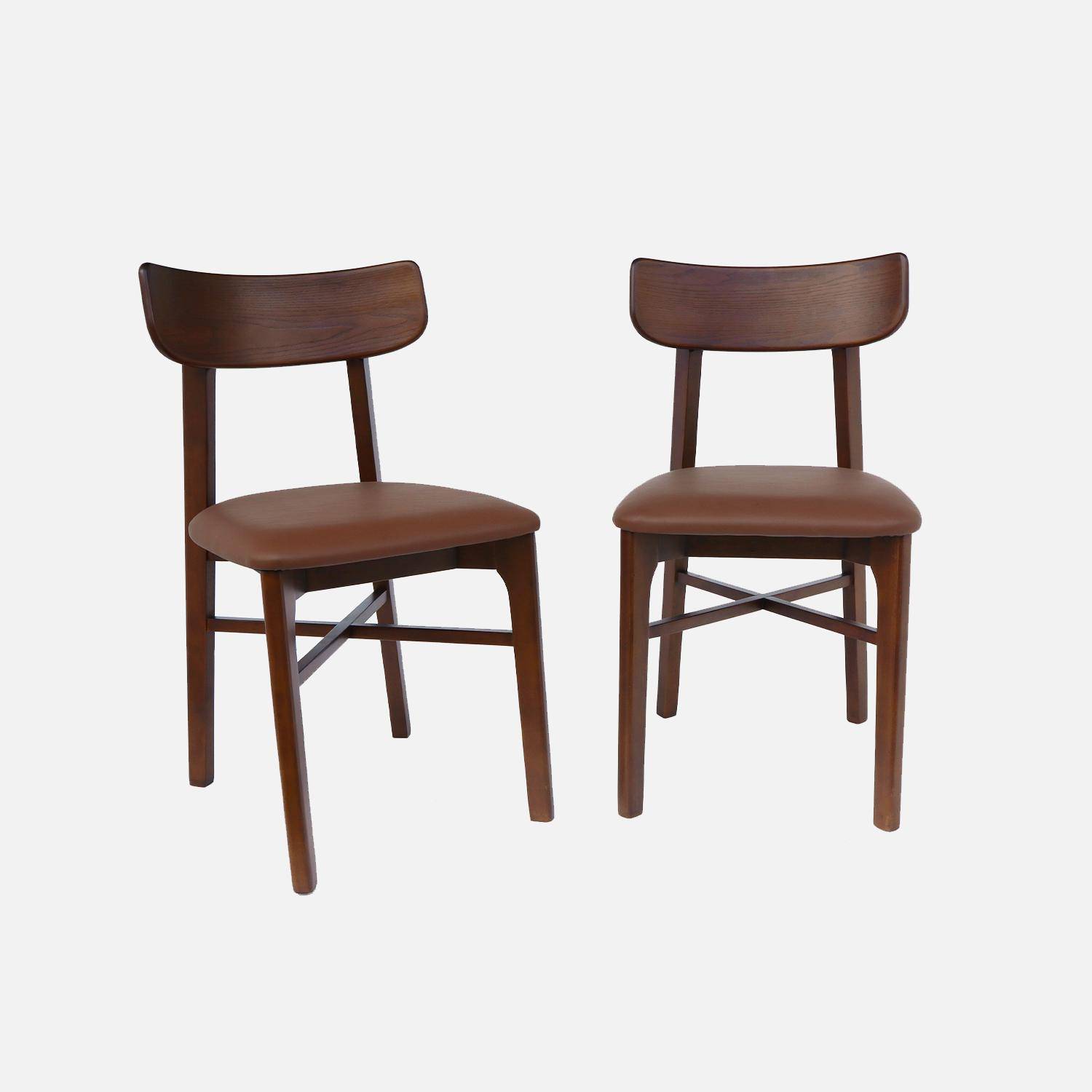 Lot de 2 chaises bois d'hévéa et assise simili cuir marron, vintage, L 43,5 x P 48 x H 81cm  Photo3