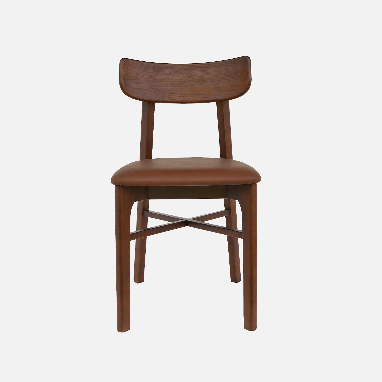 Lot de 2 chaises bois d'hévéa et assise simili cuir marron, vintage, L 43,5 x P 48 x H 81cm  Photo5