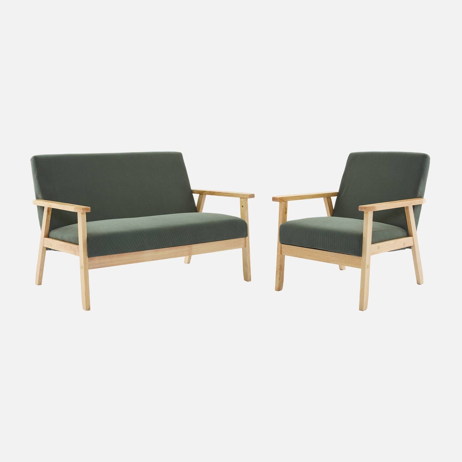 Sofá de 2 plazas y sillón de pana con patas de madera, Kaki
