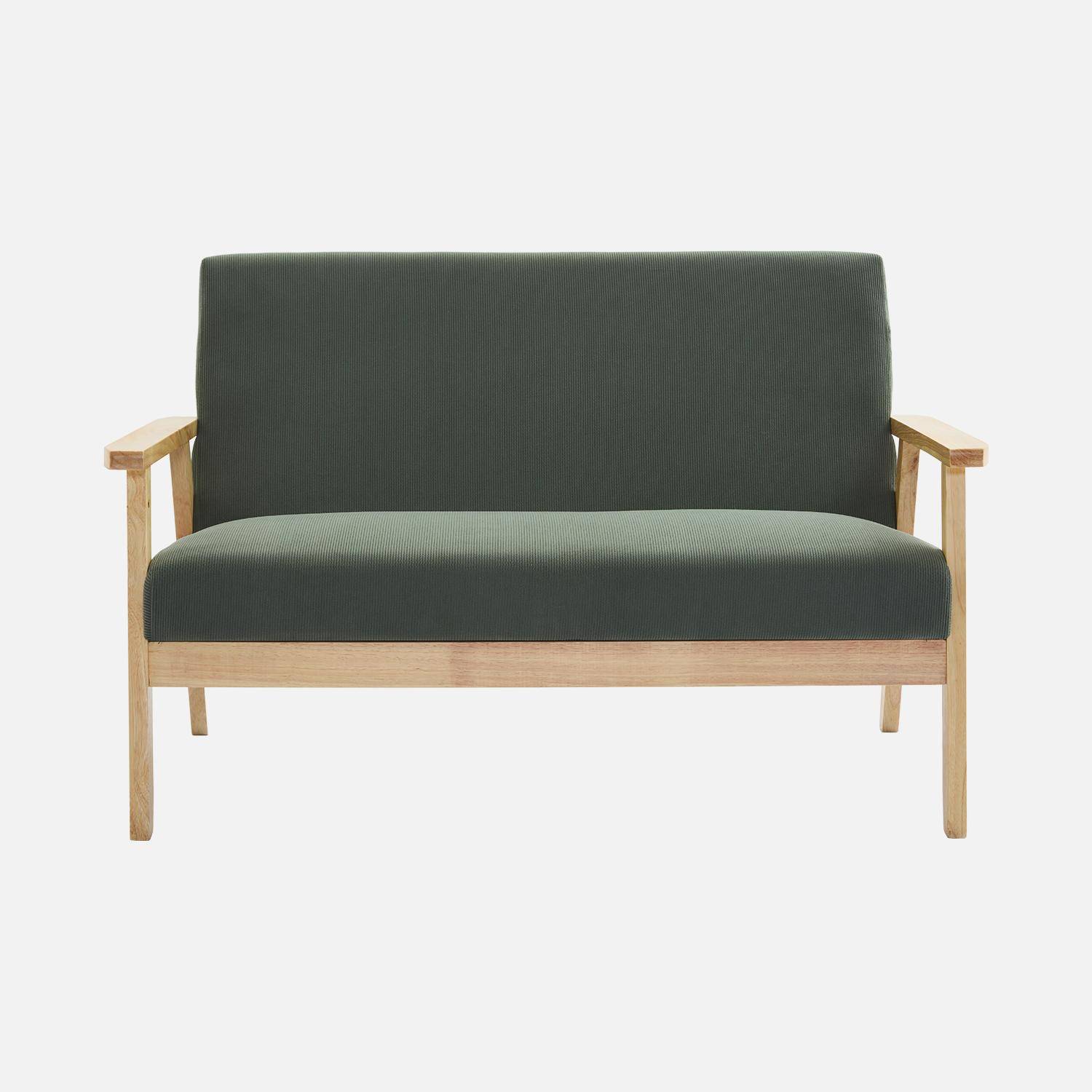 Canapé banquette 2 places + Fauteuil velours côtelé, pieds bois, kaki foncé ,sweeek,Photo4