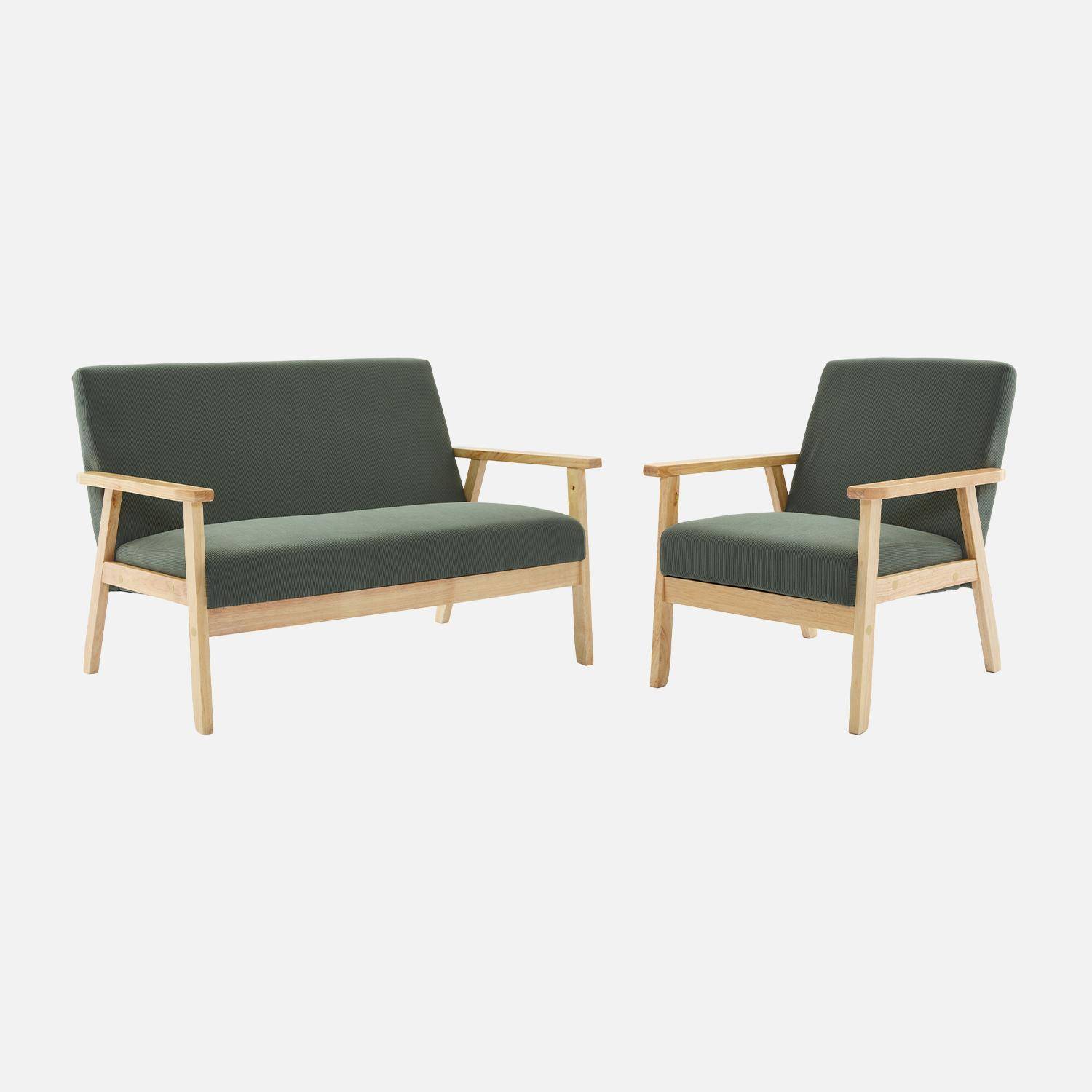 Canapé banquette 2 places + Fauteuil velours côtelé, pieds bois, kaki foncé ,sweeek,Photo3