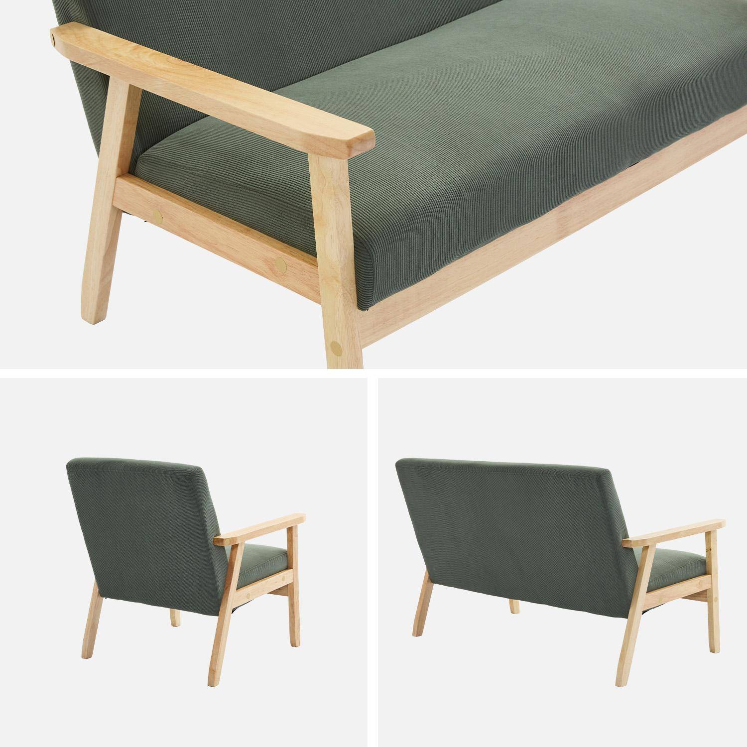Canapé banquette 2 places + Fauteuil velours côtelé, pieds bois, kaki foncé ,sweeek,Photo6