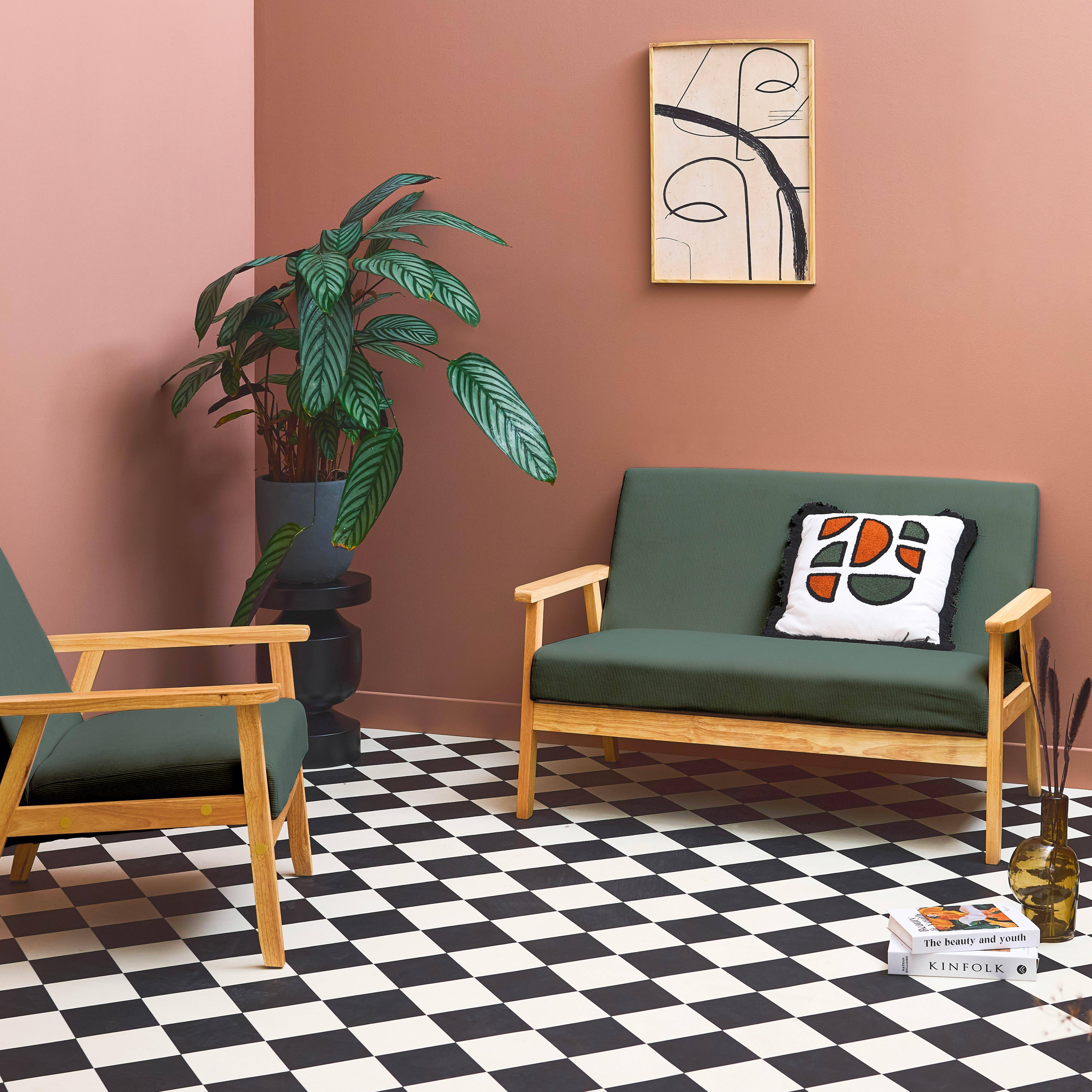 Canapé banquette 2 places + Fauteuil velours côtelé, pieds bois, kaki foncé  Photo2