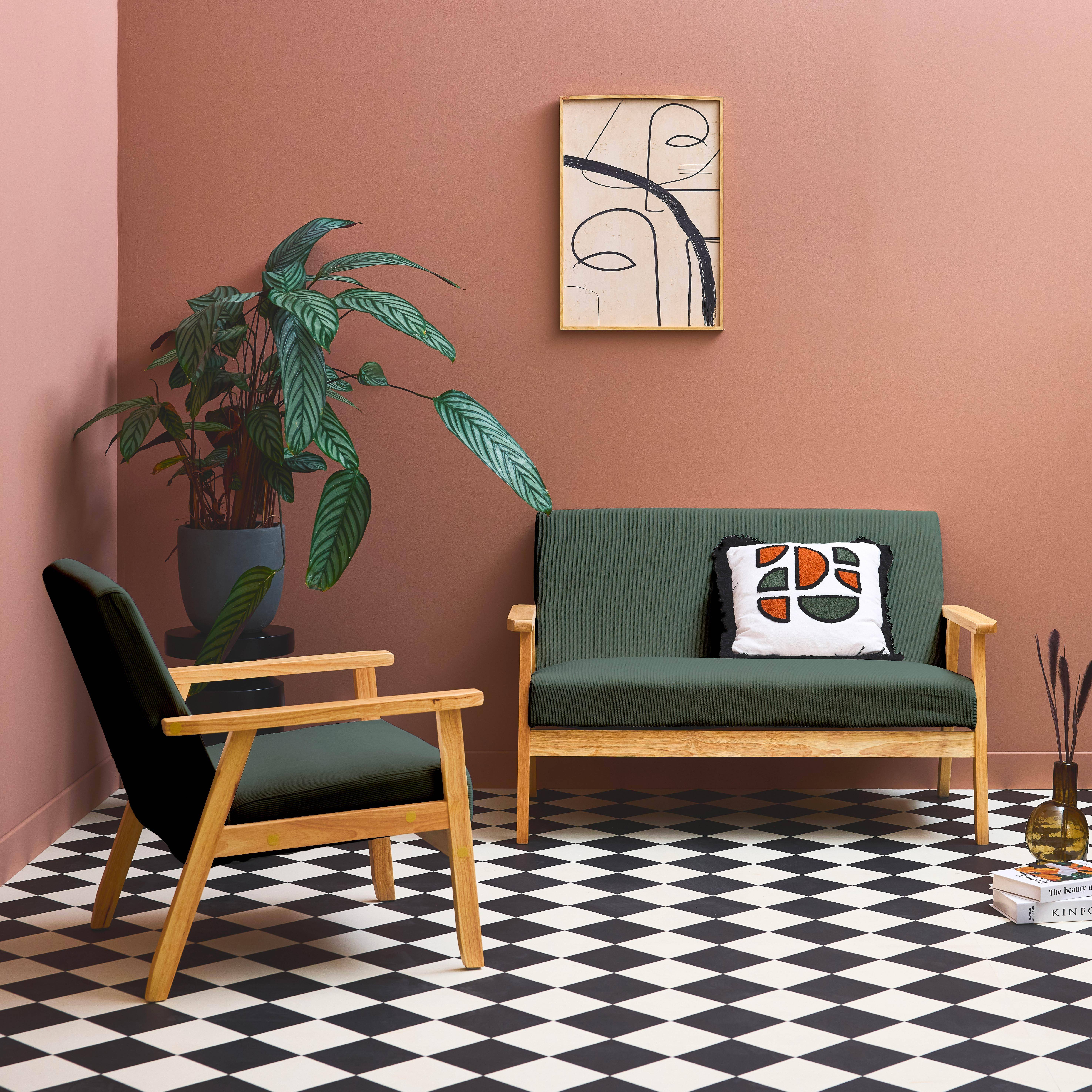 Canapé banquette 2 places + Fauteuil velours côtelé, pieds bois, kaki foncé  Photo1